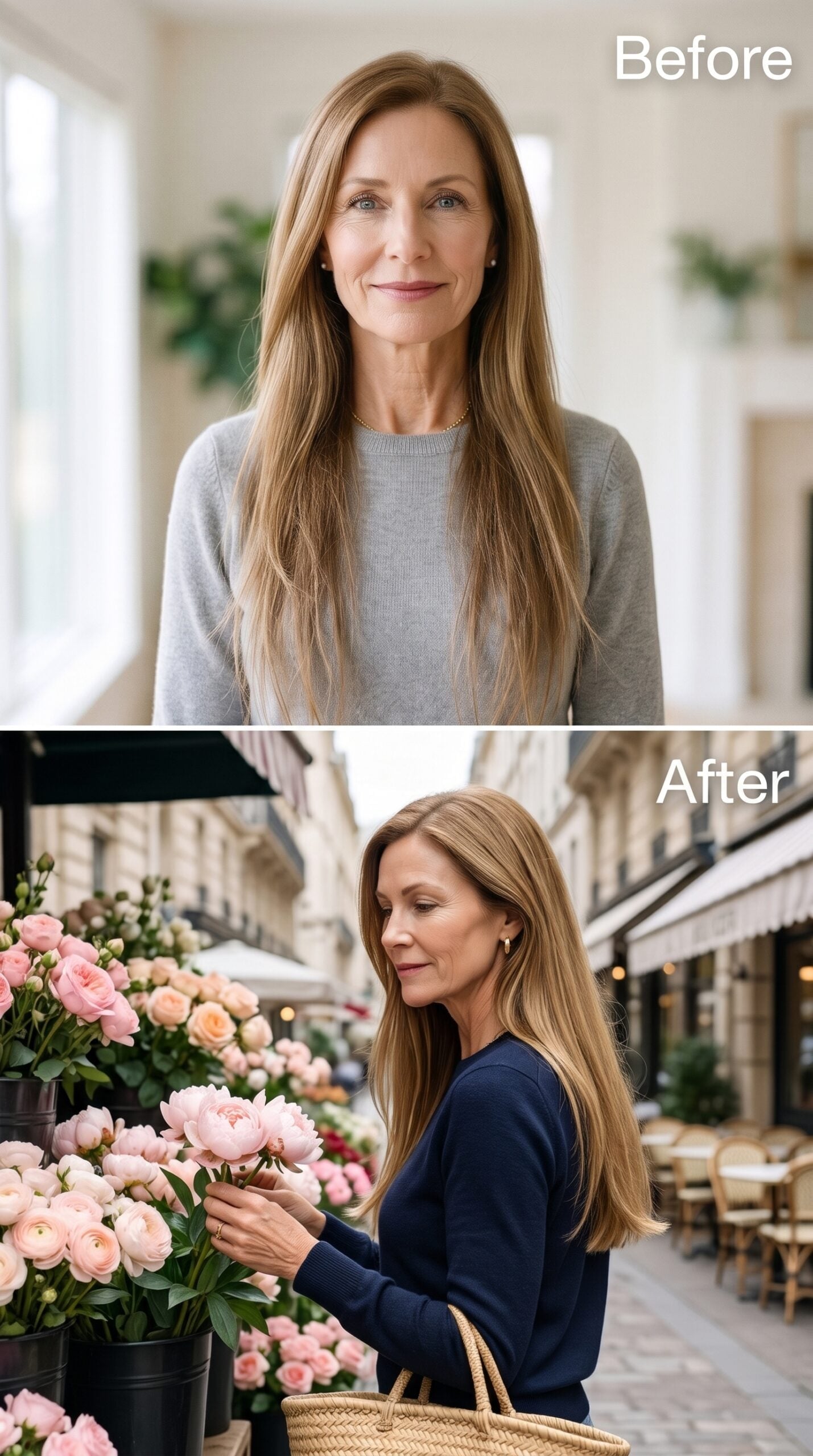 Before-and-after dark blonde hairstyle with honey highlights and softly shaped ends