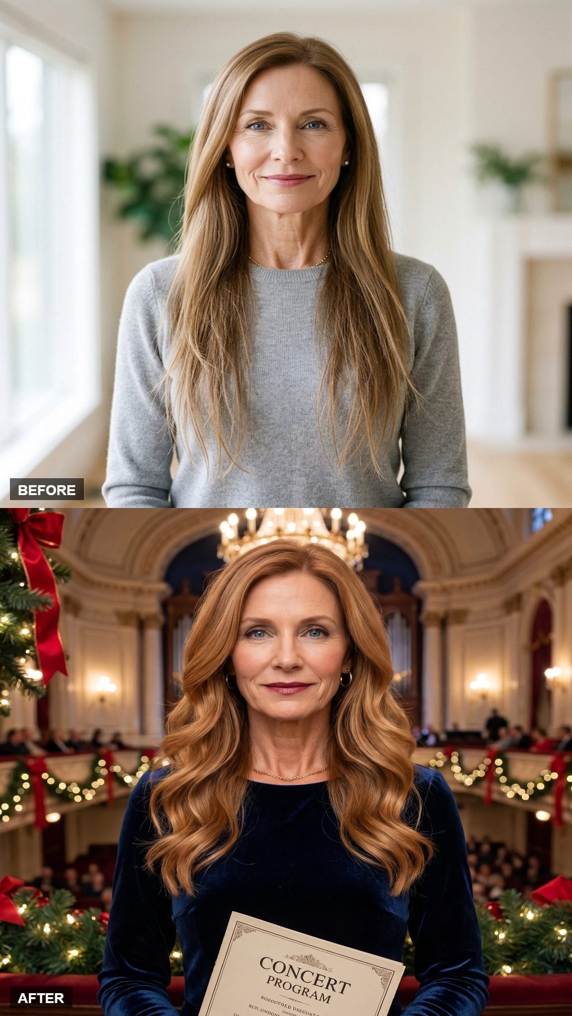Before-and-after copper-gold hairstyle with crown lift and soft shoulder-length waves