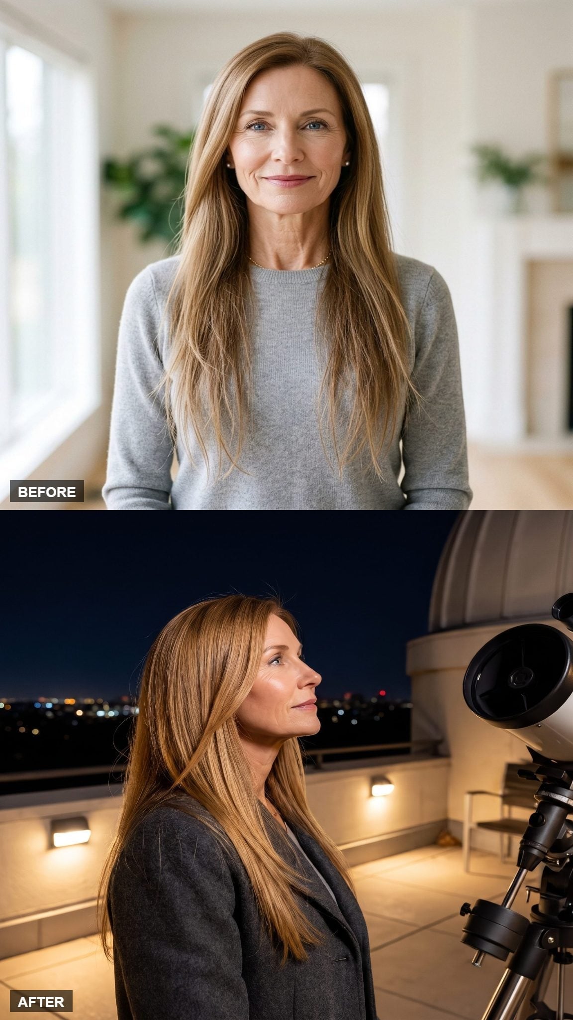 Before-and-after long layered hairstyle shown in profile with a smooth silhouette