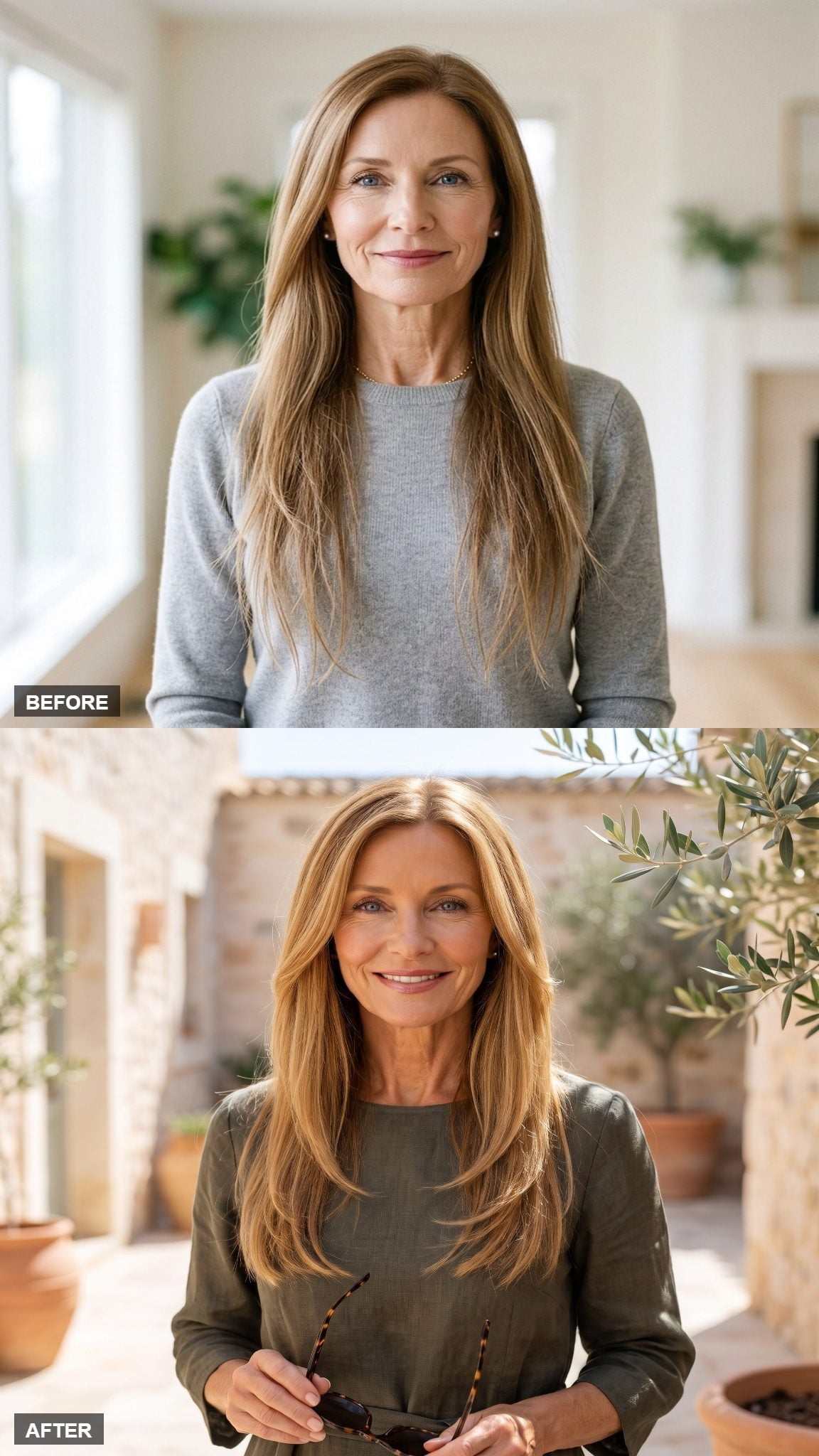 Before-and-after long brunette hairstyle with brighter face-framing highlights and layers