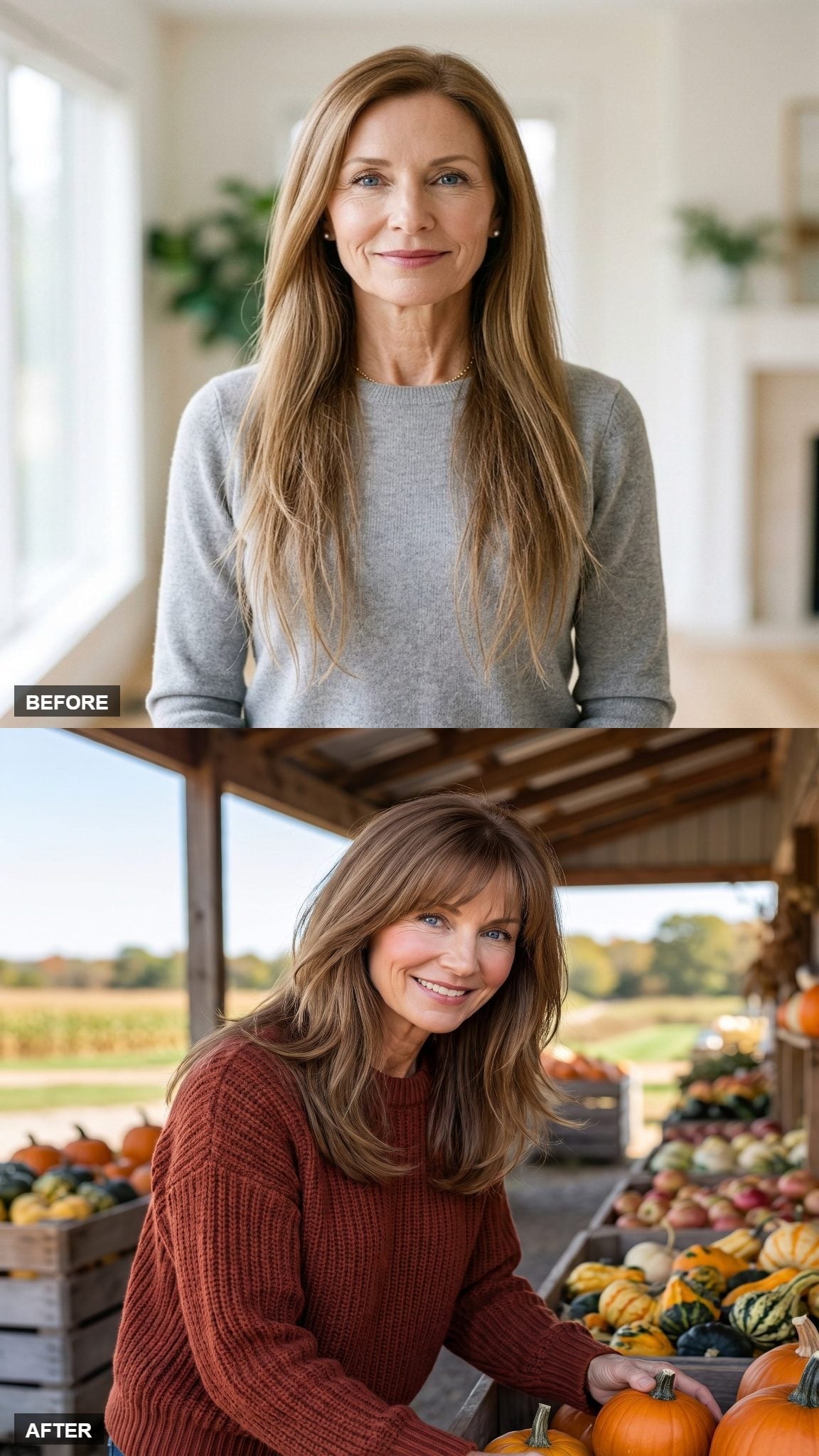 Before-and-after honey-brown layered hairstyle with side-swept bangs