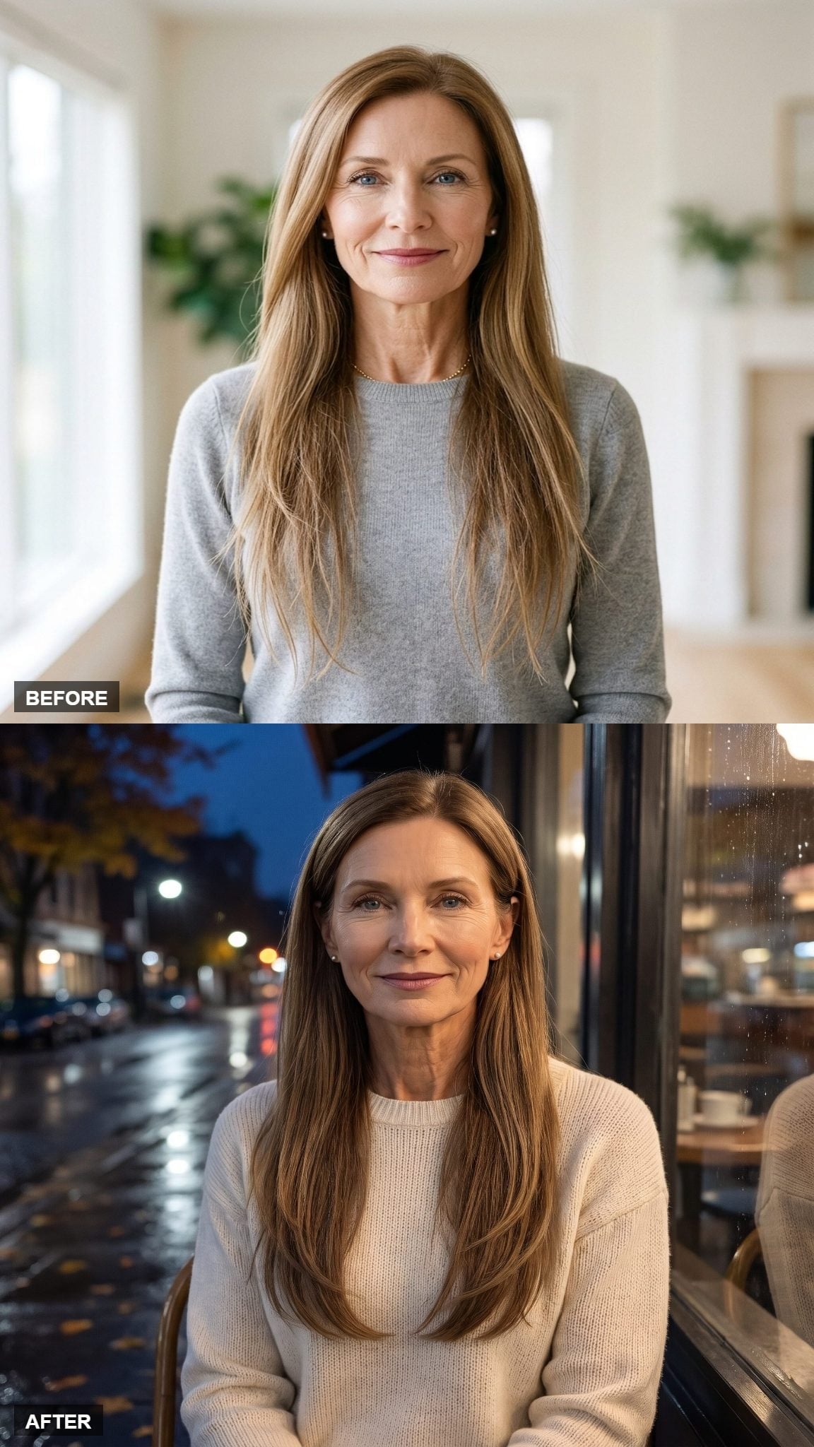 Before-and-after long brunette hairstyle with subtle face-framing highlights