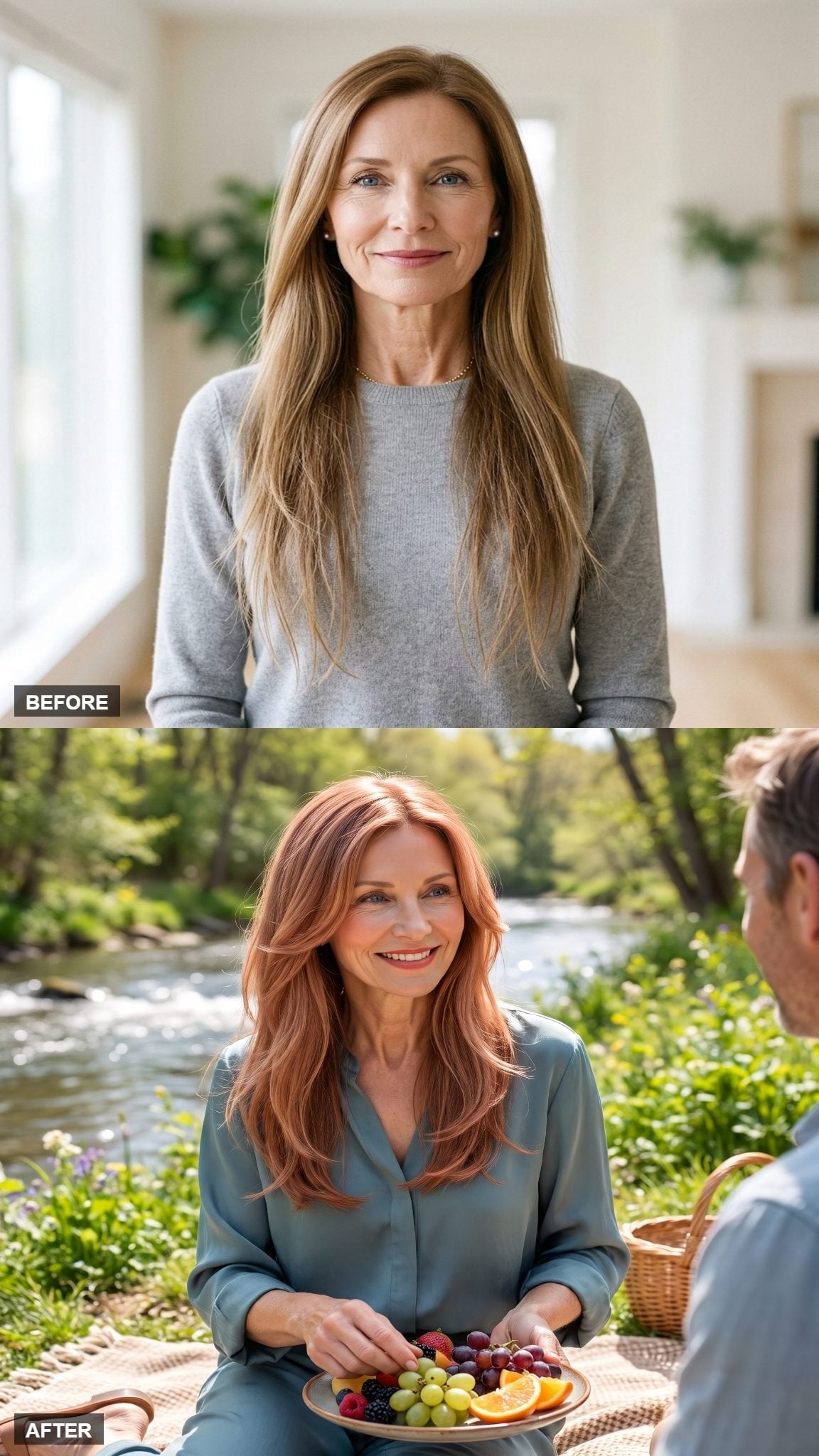 Before-and-after long rose-copper hairstyle with crown lift and full layered waves