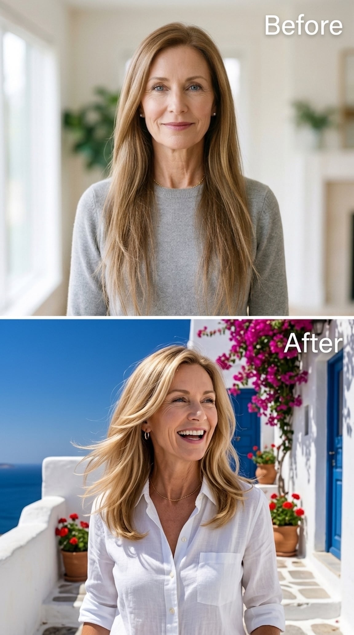 Before-and-after honey-blonde collarbone hairstyle with airy face-framing layers