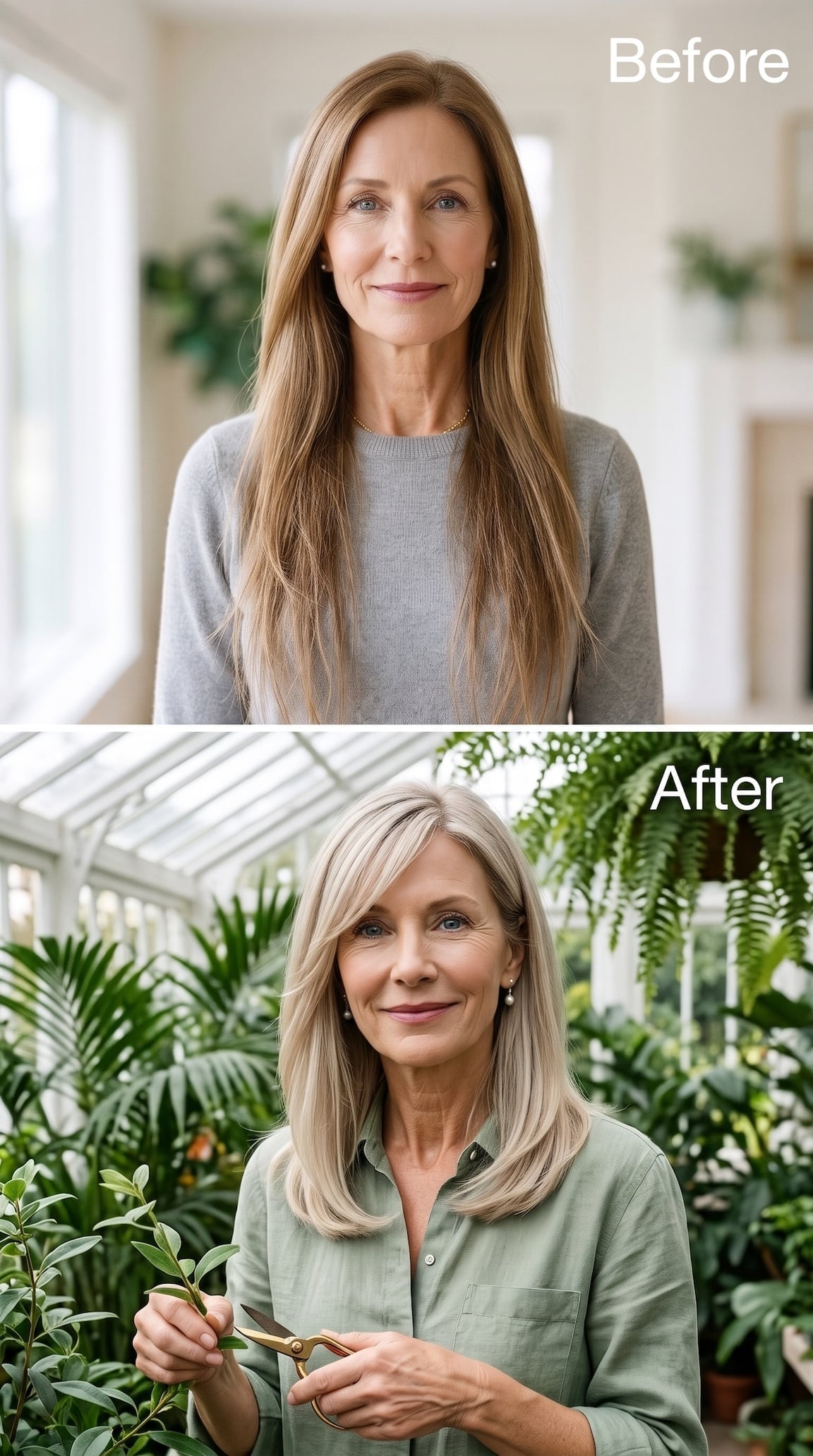 Before-and-after silver-blonde collarbone hairstyle with a fuller blunt finish