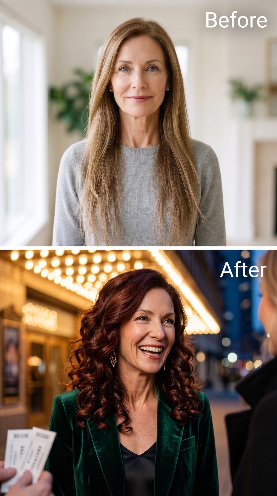 Before-and-after mahogany curly hairstyle with defined volume around the shoulders