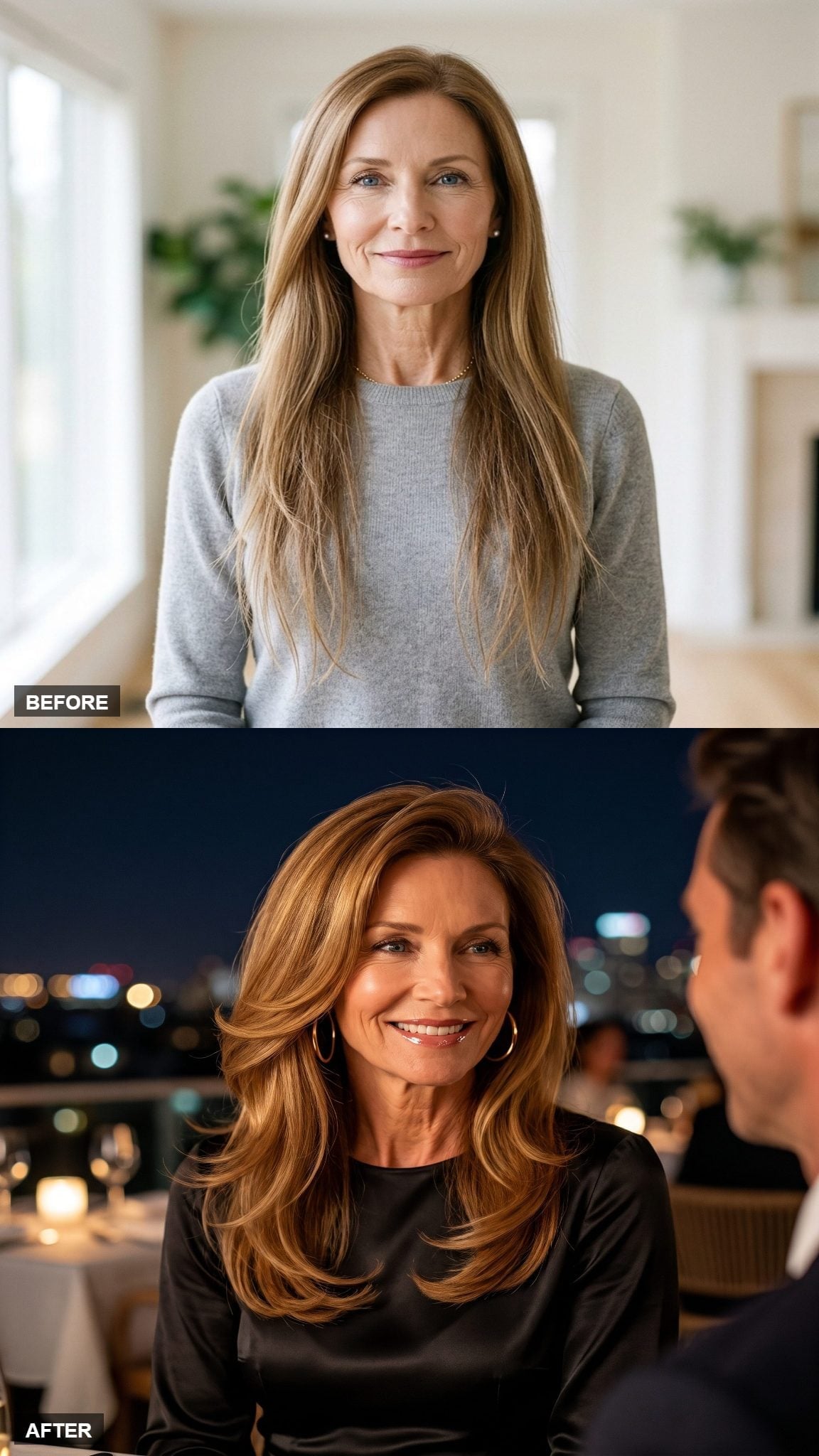 Before-and-after copper-auburn long hair transformation with a voluminous layered blowout