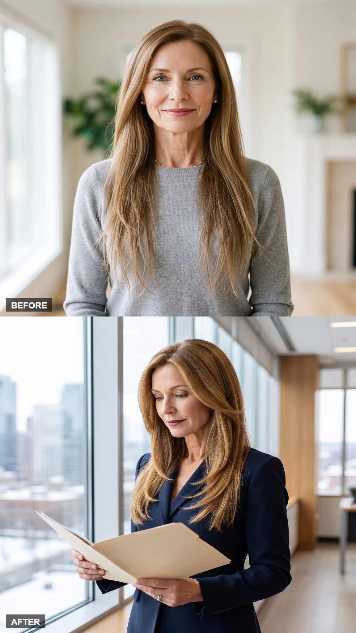 Before-and-after sleek layered hairstyle with honey-auburn highlights
