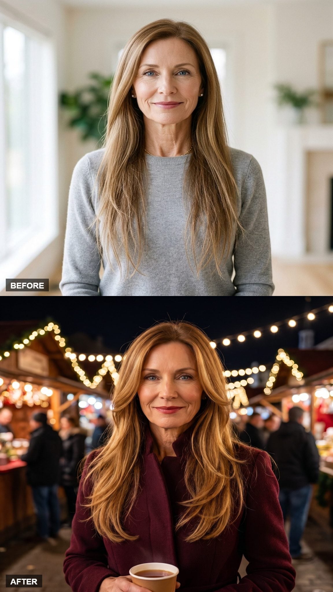Before-and-after long layered hairstyle with toffee highlights and fuller waves