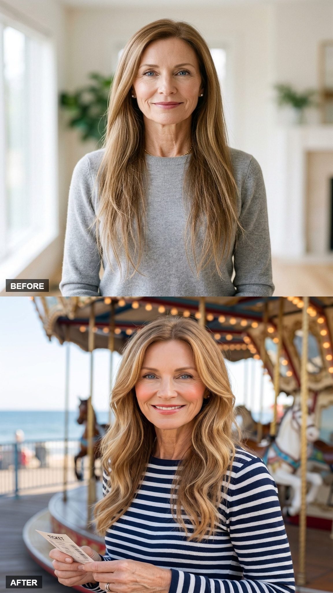 Before-and-after long golden-blonde hairstyle with balayage and relaxed layered waves