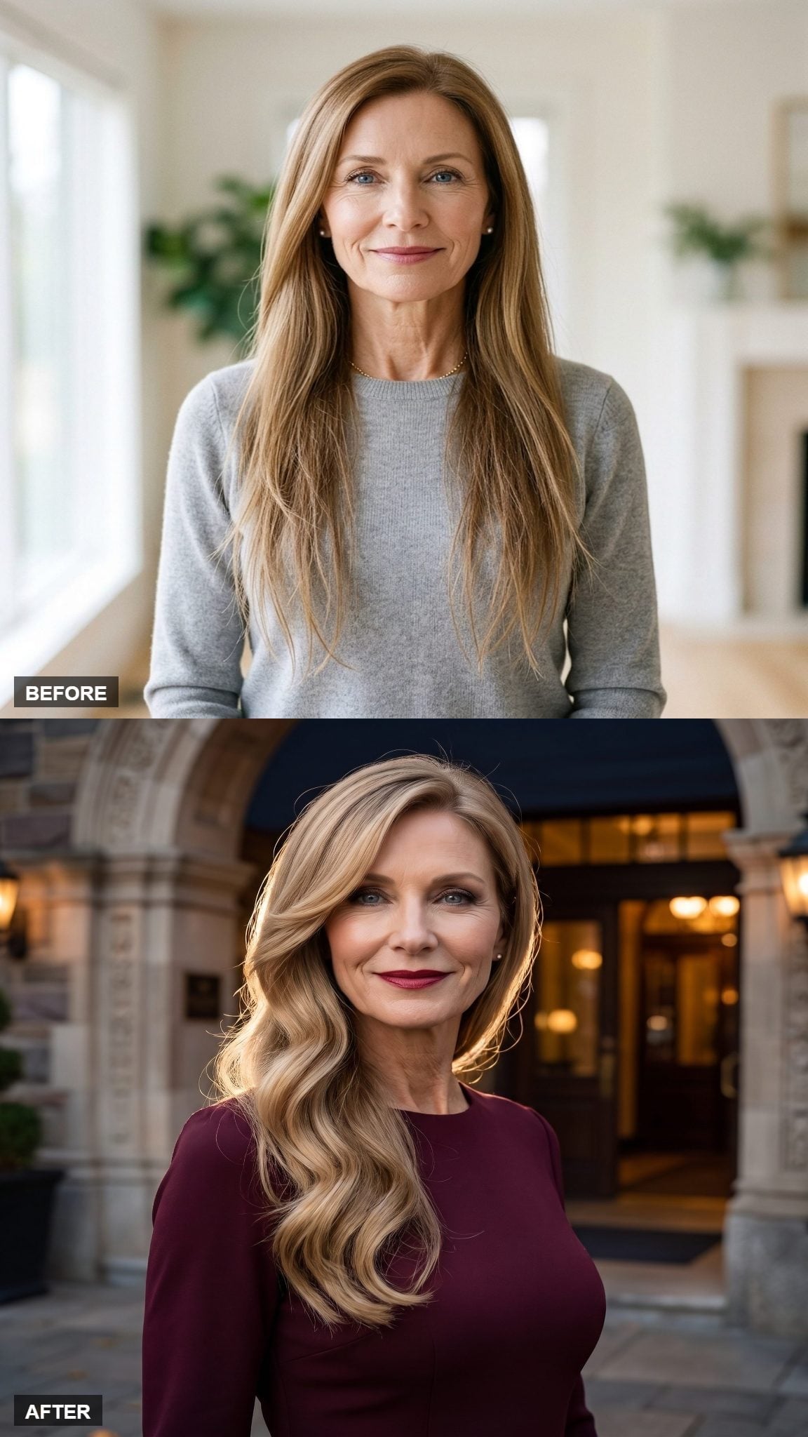 Before-and-after blonde wavy hairstyle with a fuller side-parted silhouette