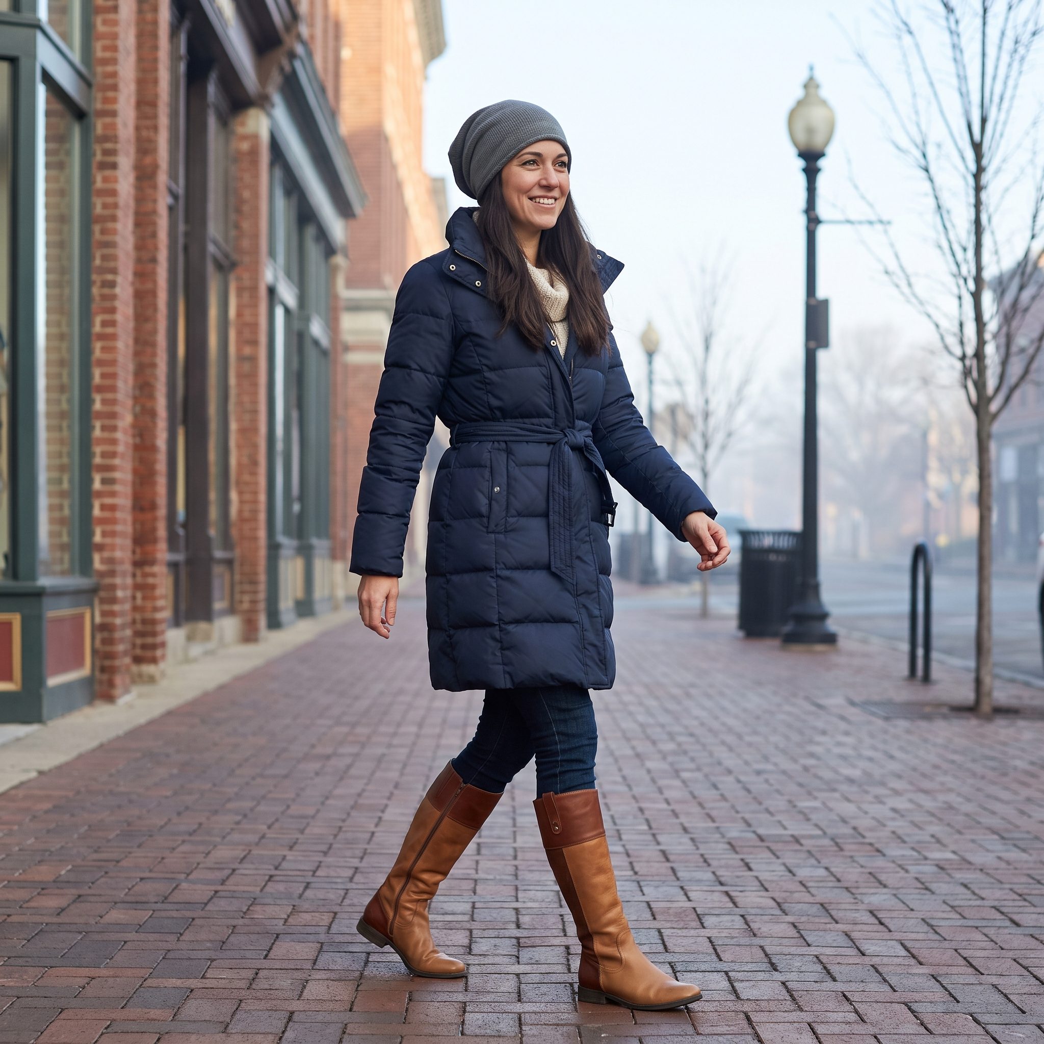 Long Navy Puffer and Riding Boots, 2010