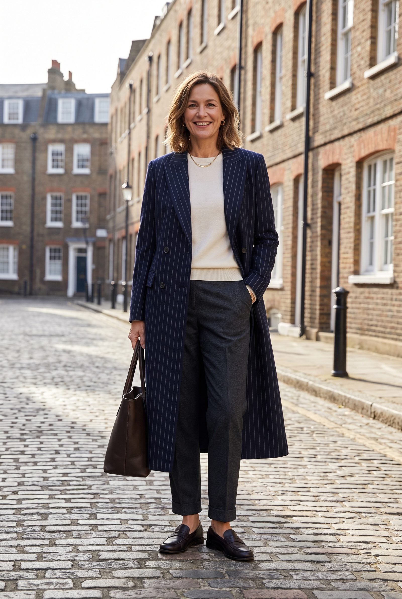 Long Pinstripe Coat With a Fine-Knit Sweater and Tailored Pants