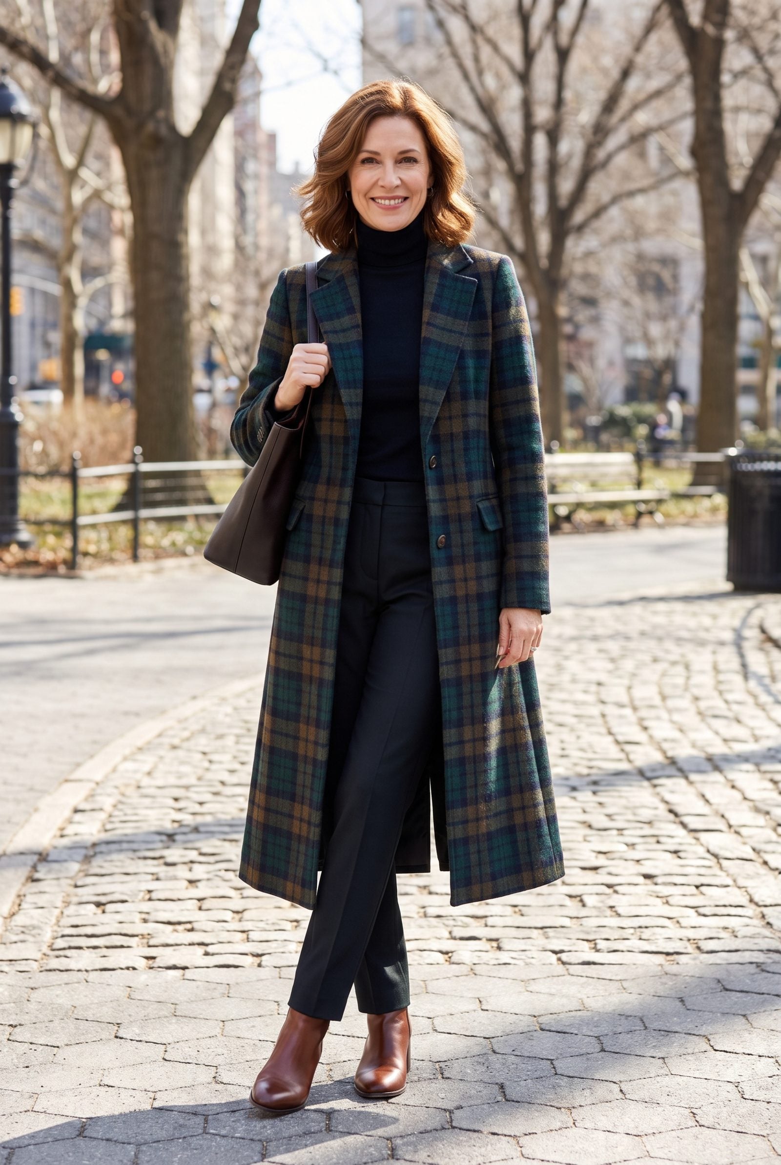 Long Plaid Coat With a Solid Dark Base and Almond-Toe Boots