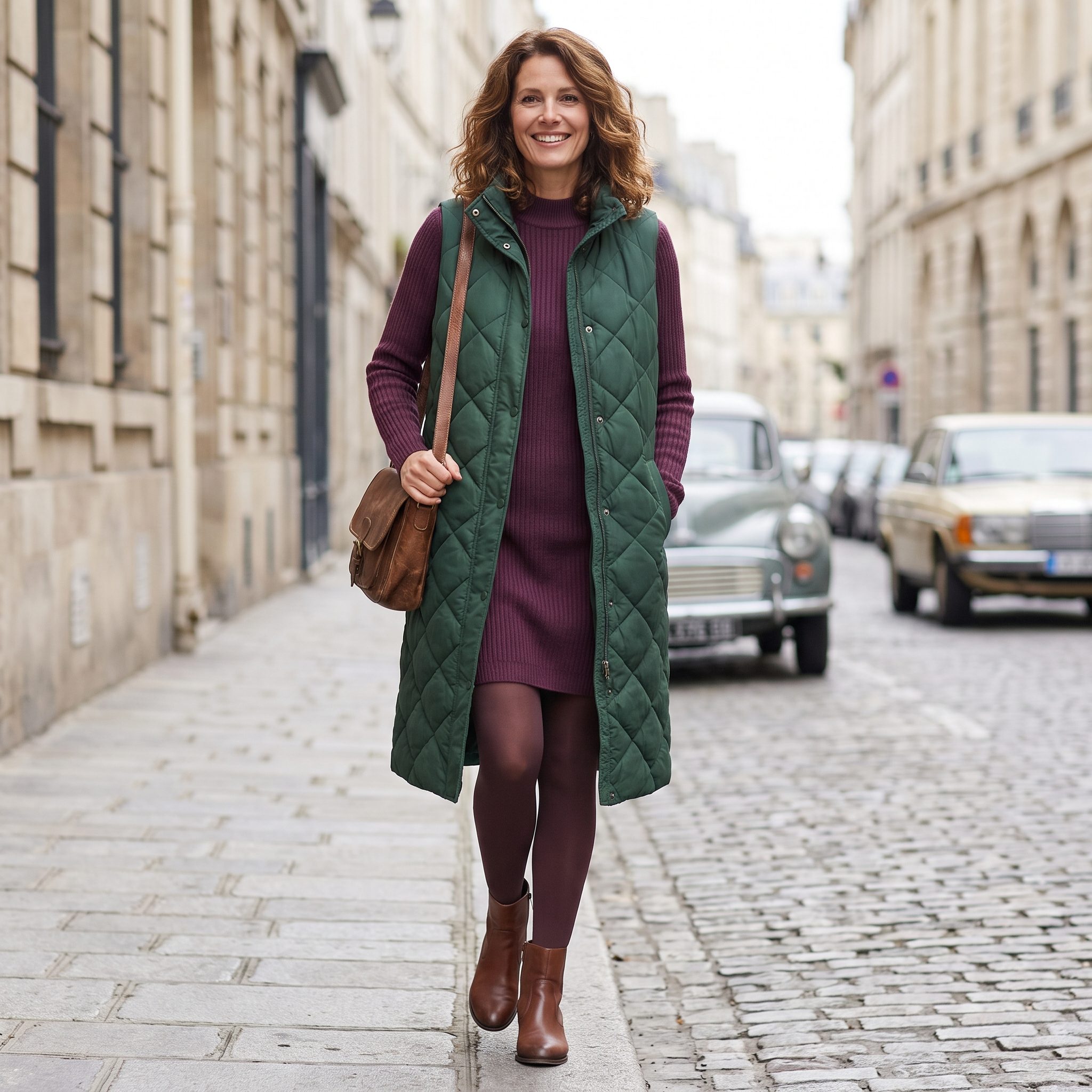 Long Quilted Gilet and Plum Sweater Dress, 1988