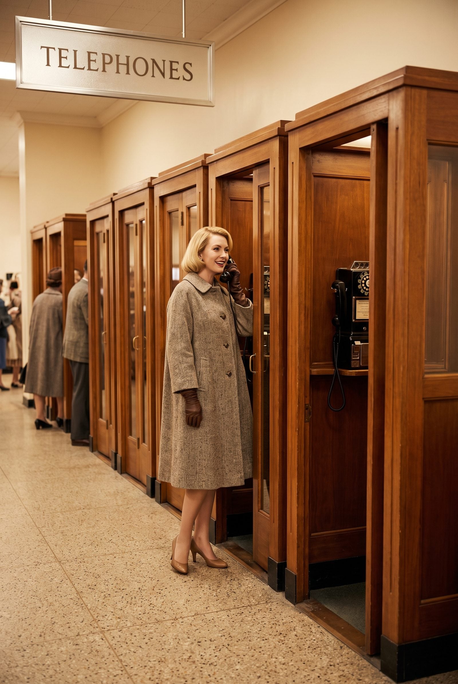 Long Rows of Enclosed Wooden Telephone Booths