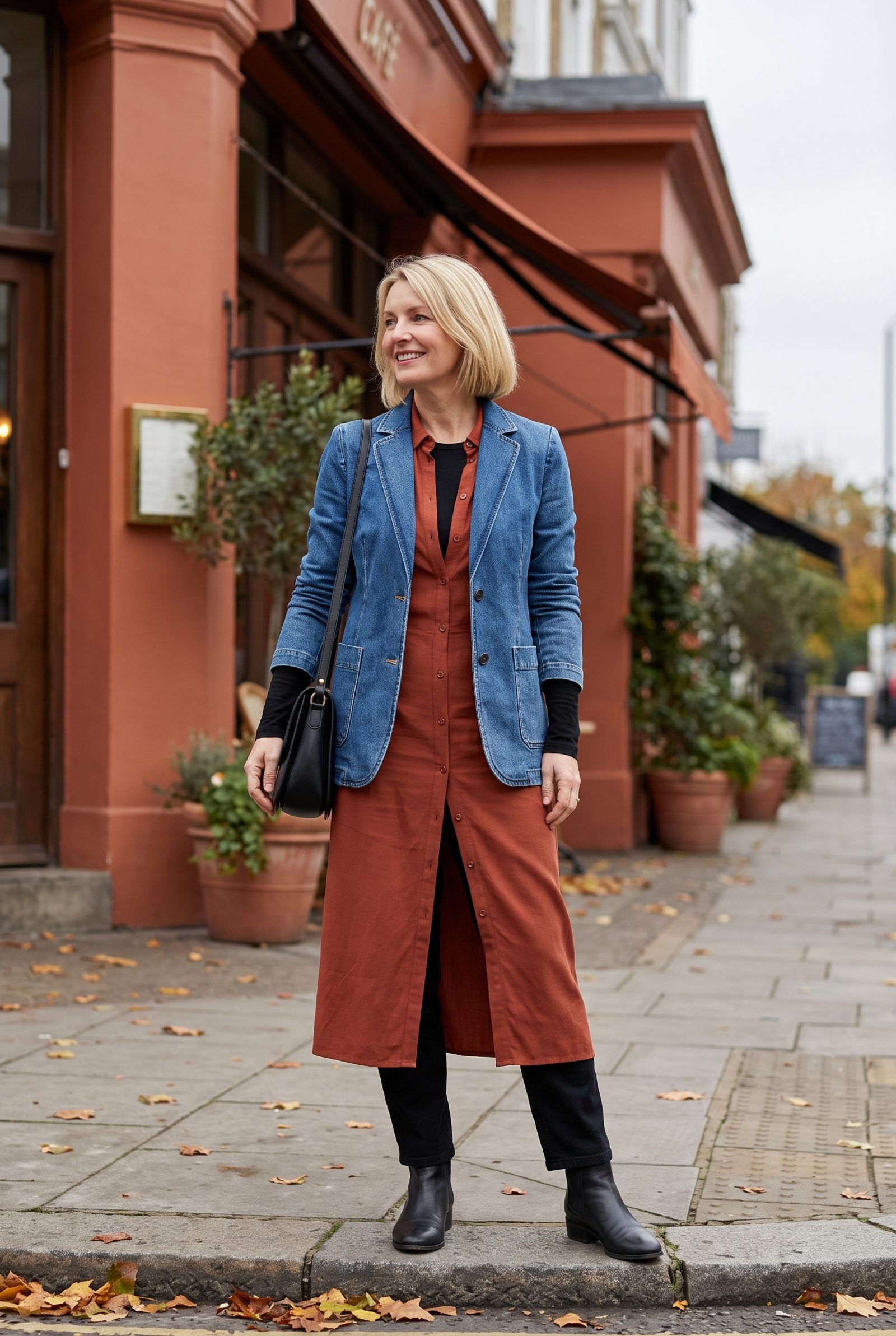 Long-Sleeve Tee + Button-Front Dress + Denim Blazer