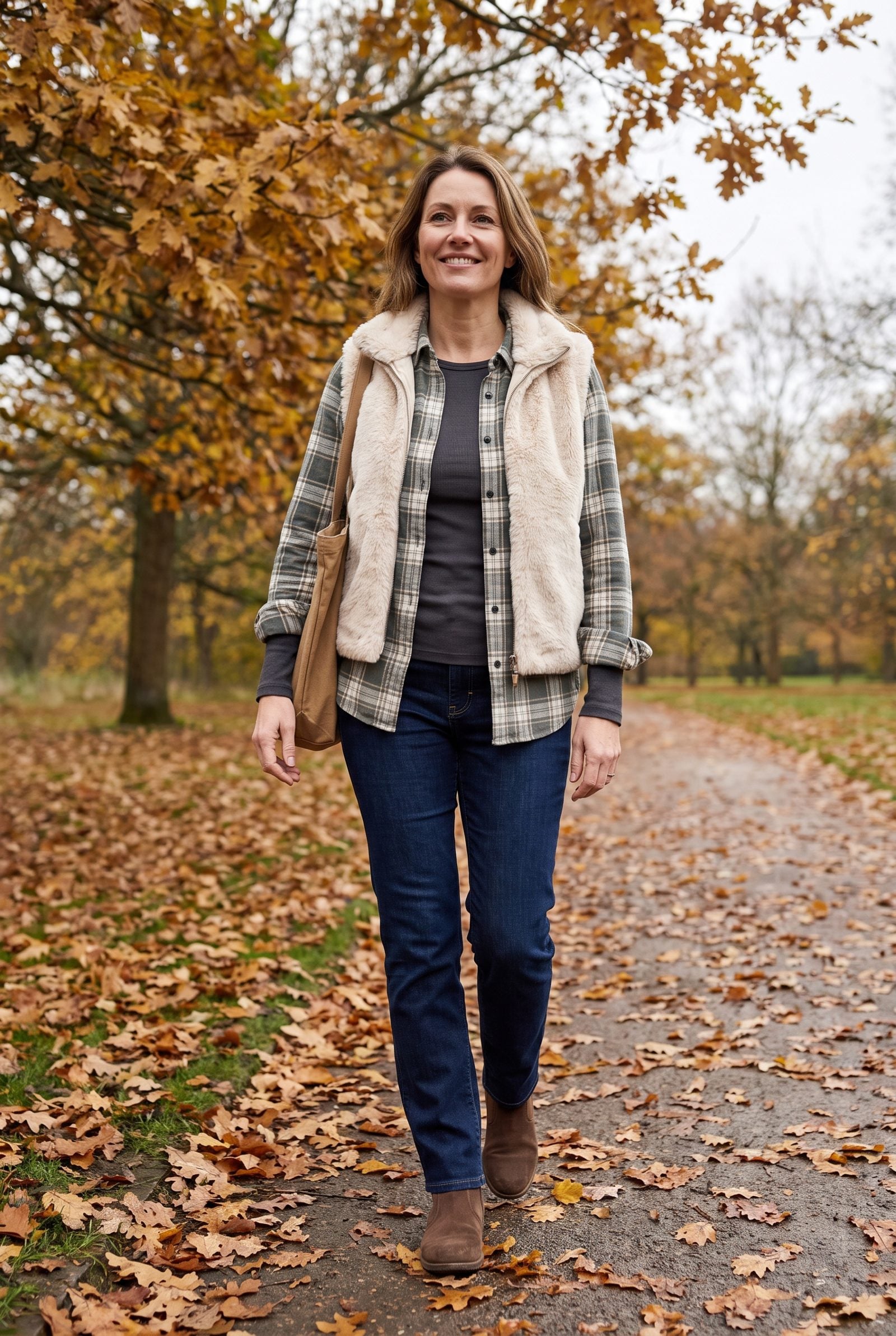 Long-Sleeve Tee + Checked Shirt + Faux-Fur Vest