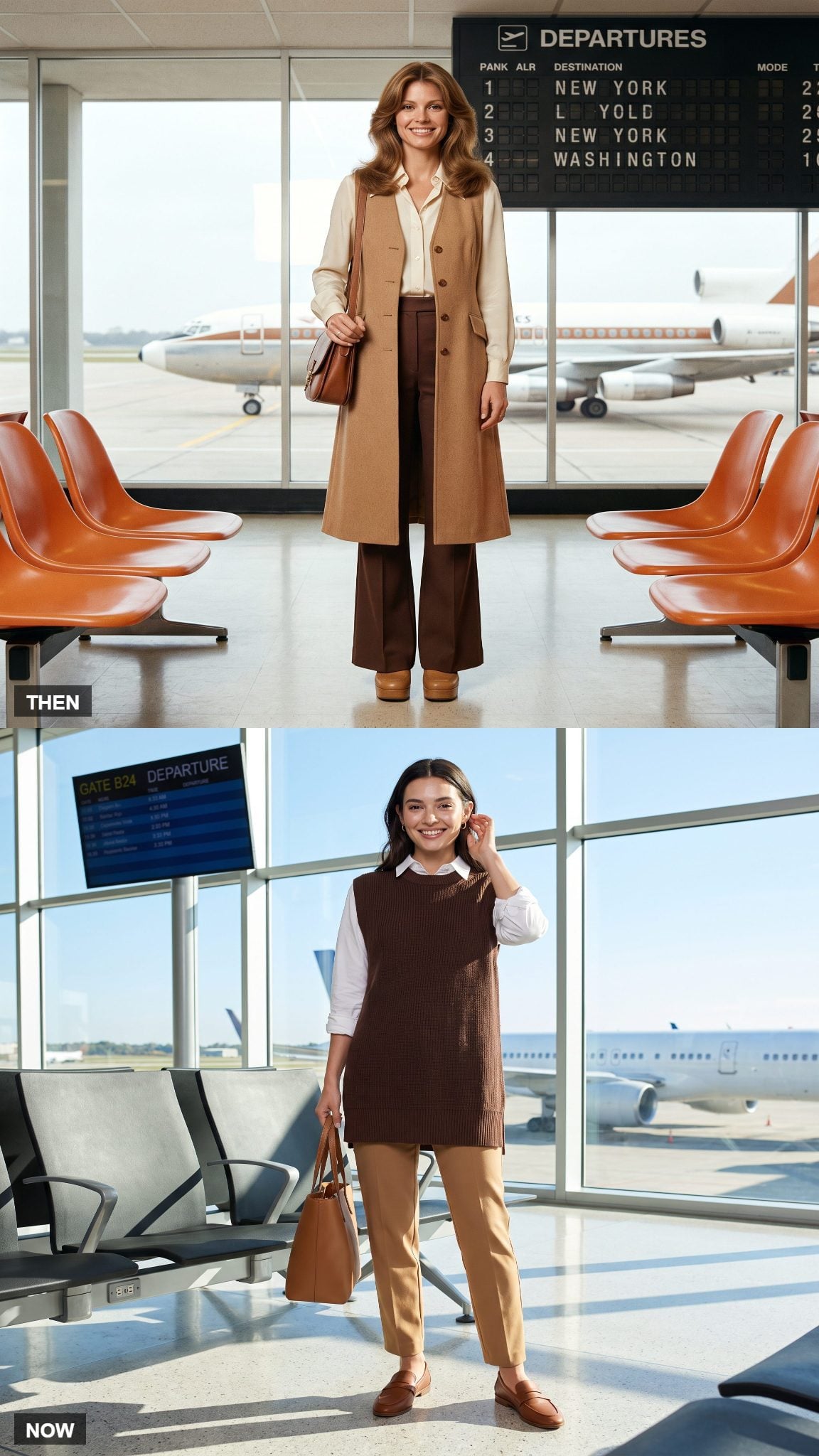 Vintage camel waistcoat and flared trousers compared with modern chocolate vest and camel trousers