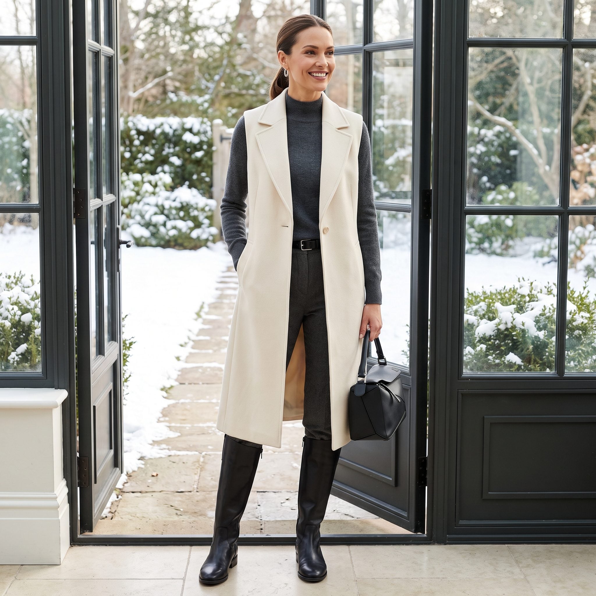 Longline cream wool vest layered over charcoal cashmere mock-neck and matching trousers