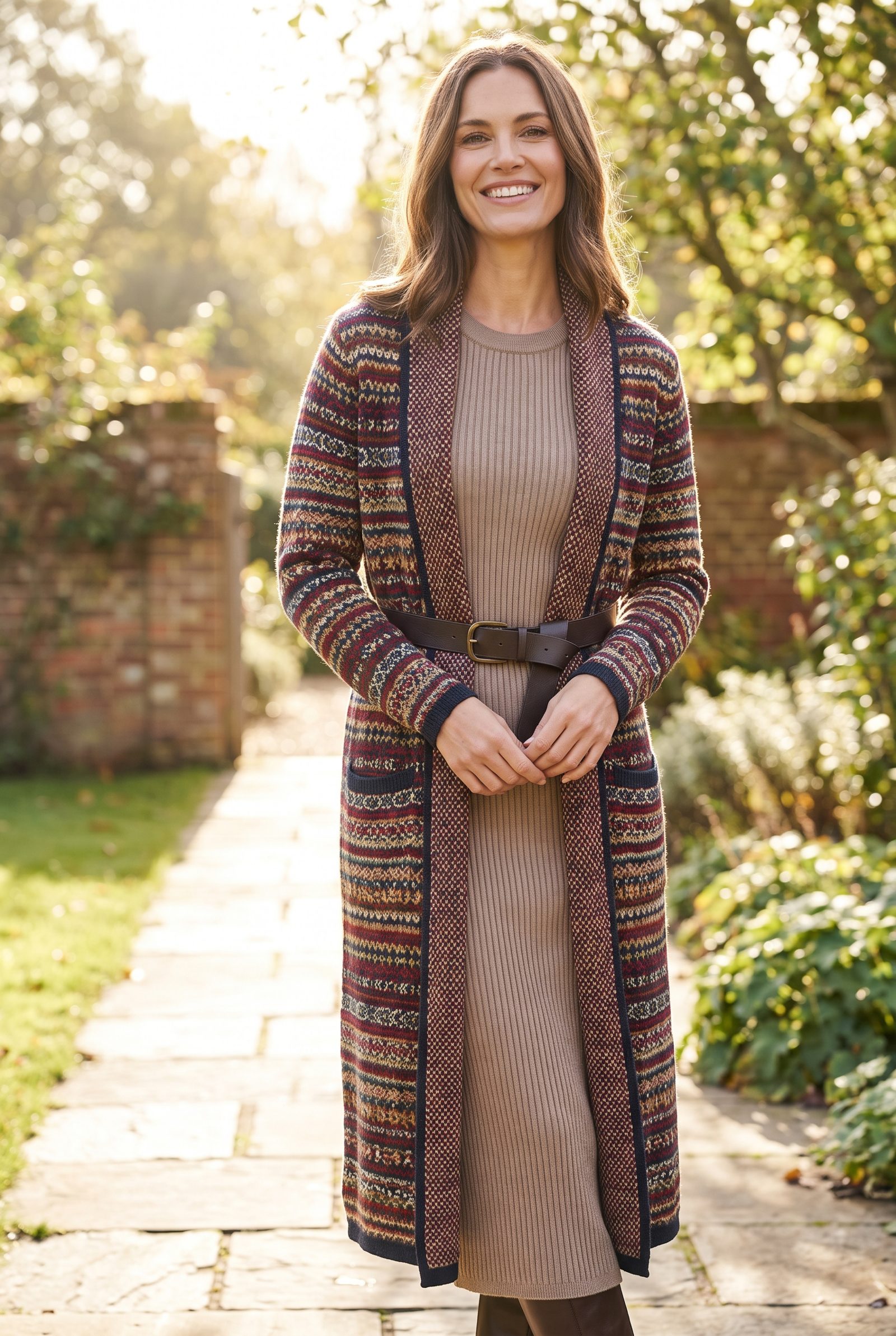 Longline Festive Cardigan Belted Over a Knit Dress