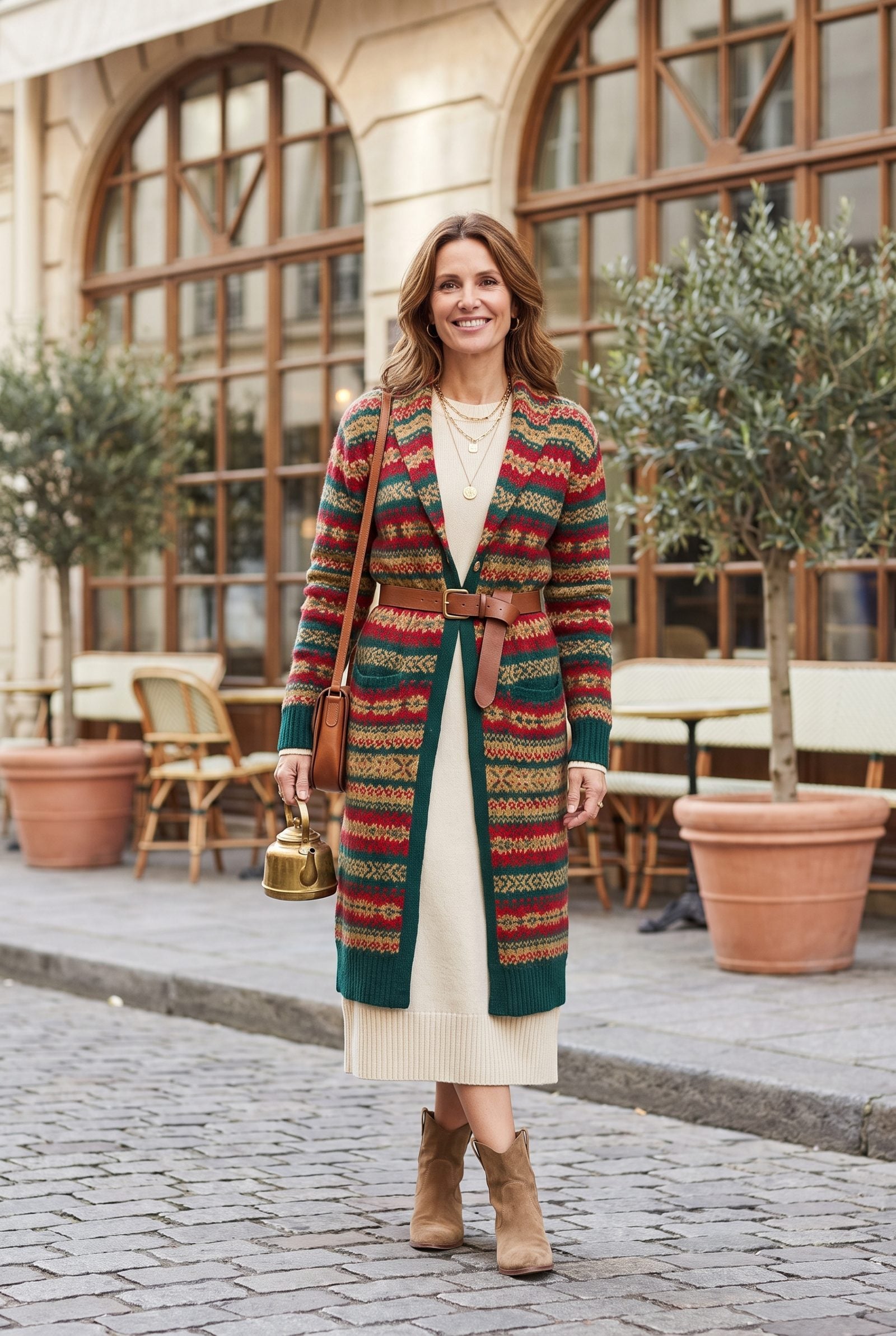 Longline Festive Cardigan Belted Over a Knit Dress