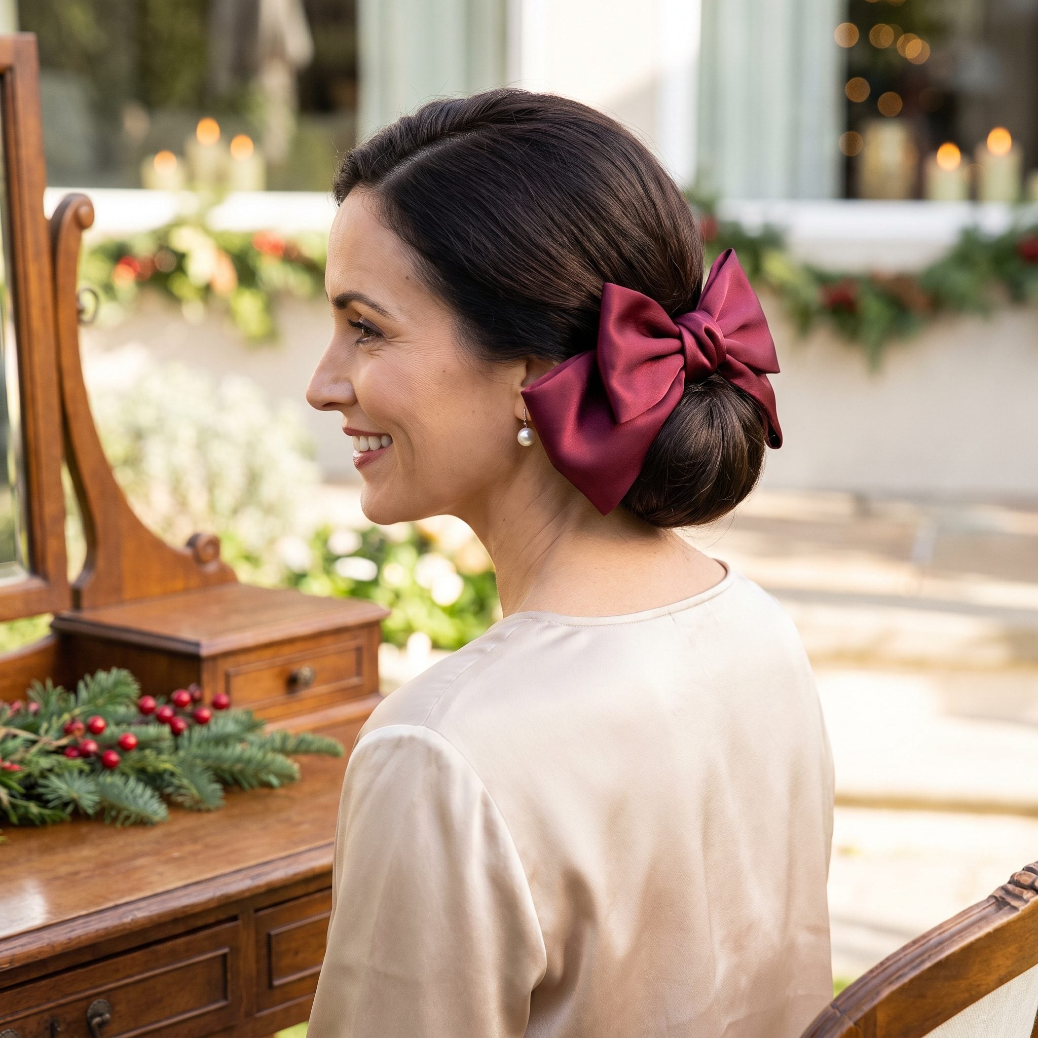 Low Chignon With a Sculptural Satin Bow
