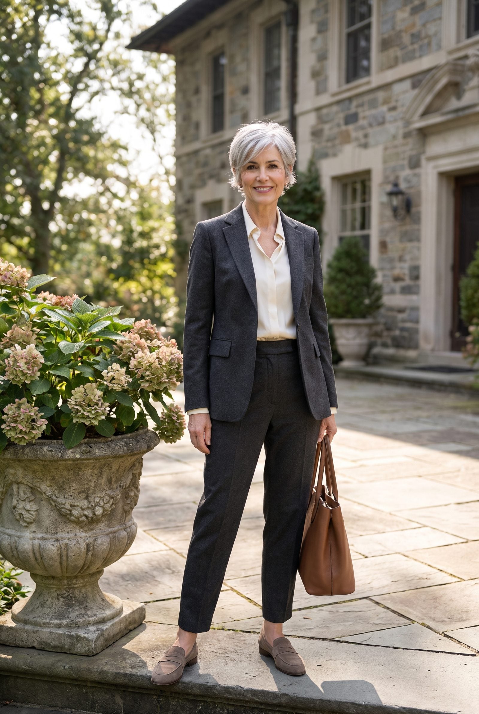 Woman aged 60 to 68 outdoors with a short silver-grey pixie tapered at the sides, wearing a charcoal blazer.