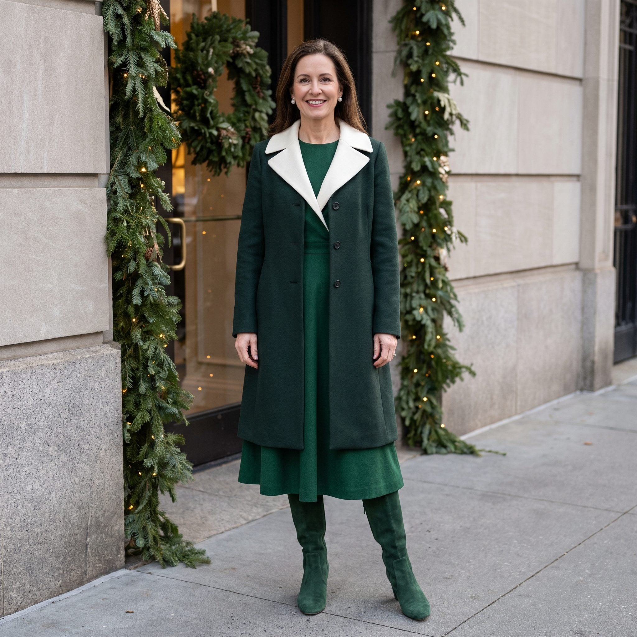Woman in a forest-green dress with ivory portrait collar under a collarless low-neck green coat