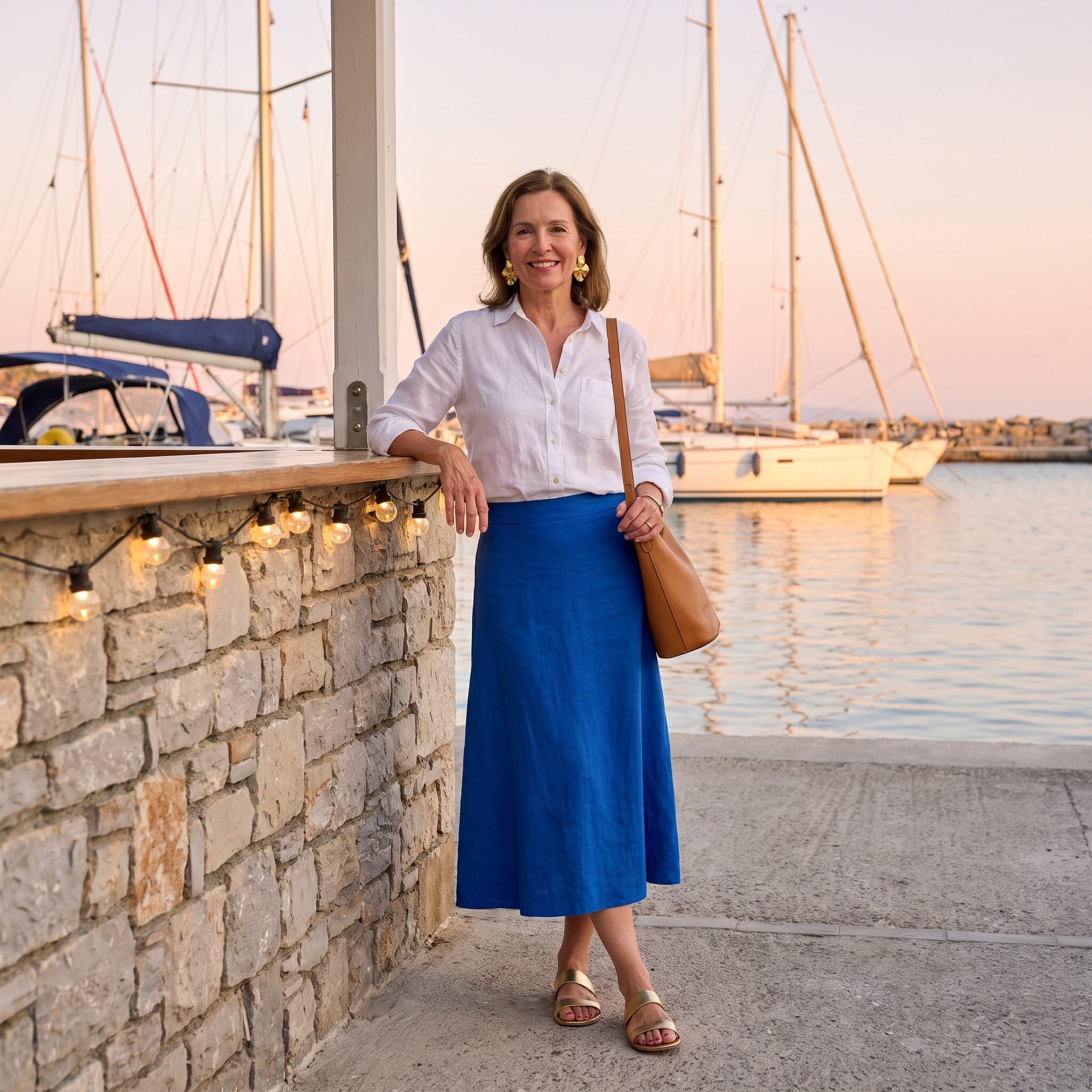 White linen shirt with cobalt midi skirt for marina drinks