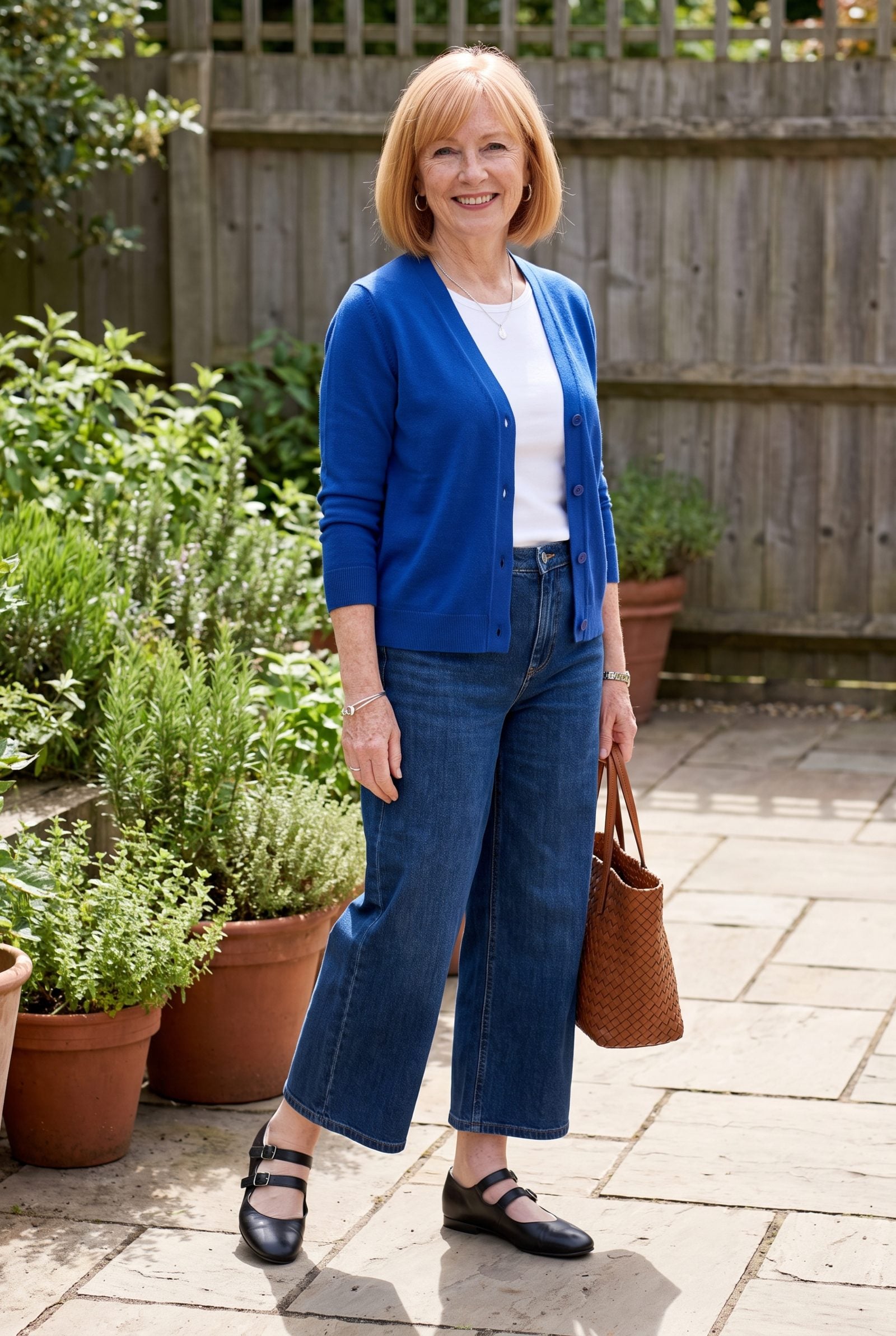 The Mary Jane, Grown Up: Black Leather Straps With a Cobalt Cardigan and Wide Cropped Denim