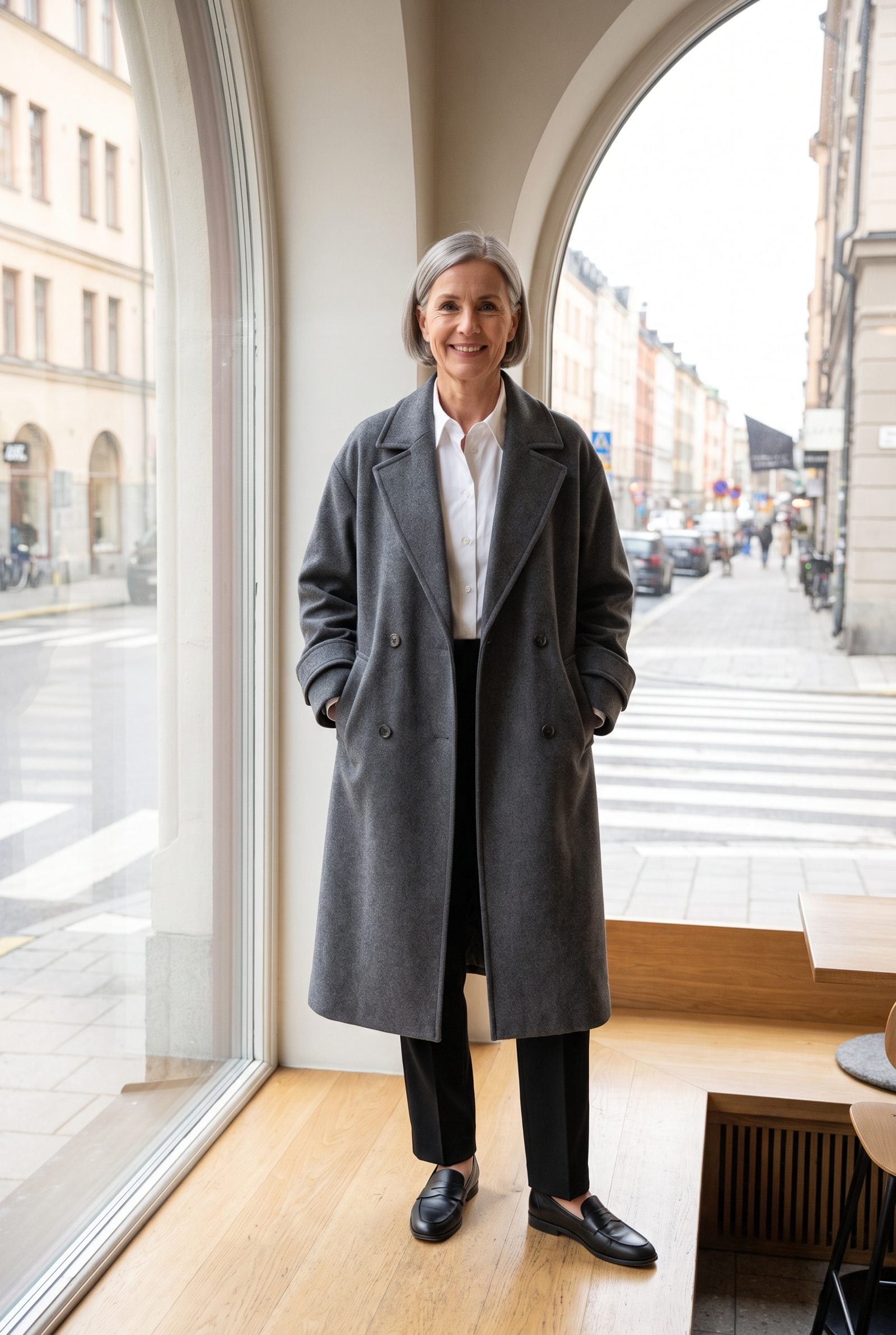 Woman in a doorway wearing an oversized gray double-breasted wool coat worn open over a white shirt and black trousers.