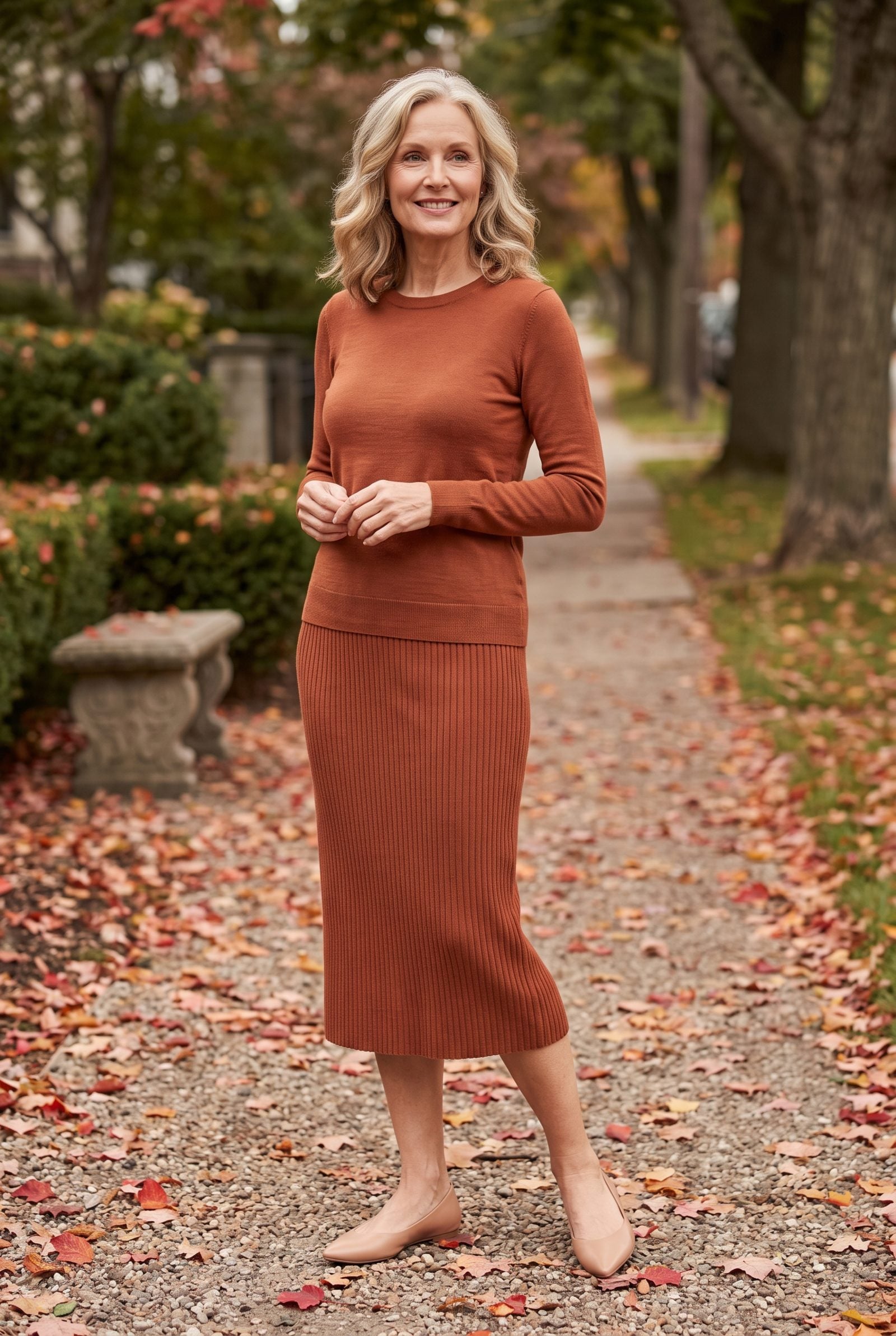 Matching Knit Top and Ribbed Midi Skirt with Pointed Flats
