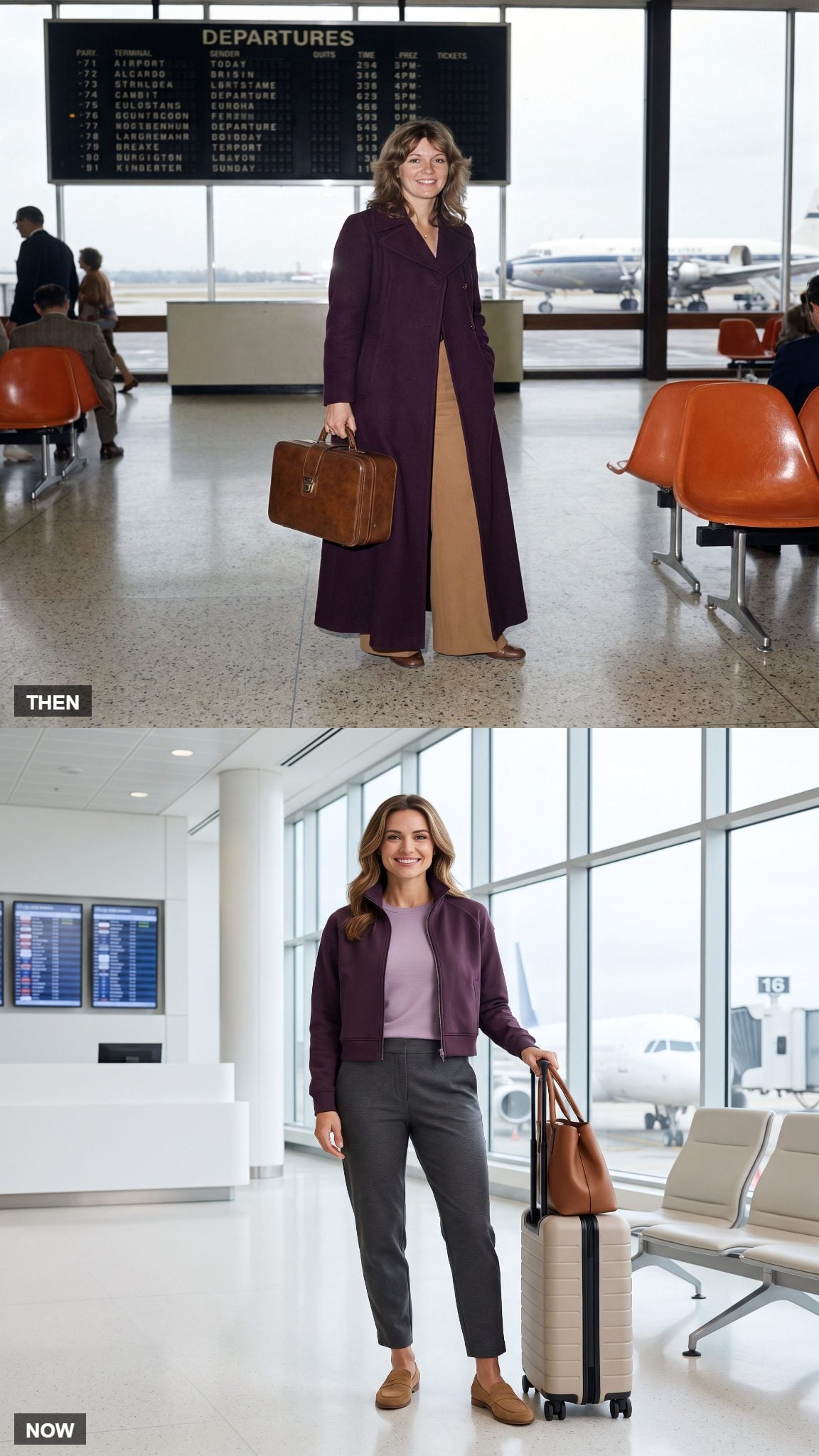 Vintage aubergine maxi coat compared with a modern cropped aubergine travel jacket
