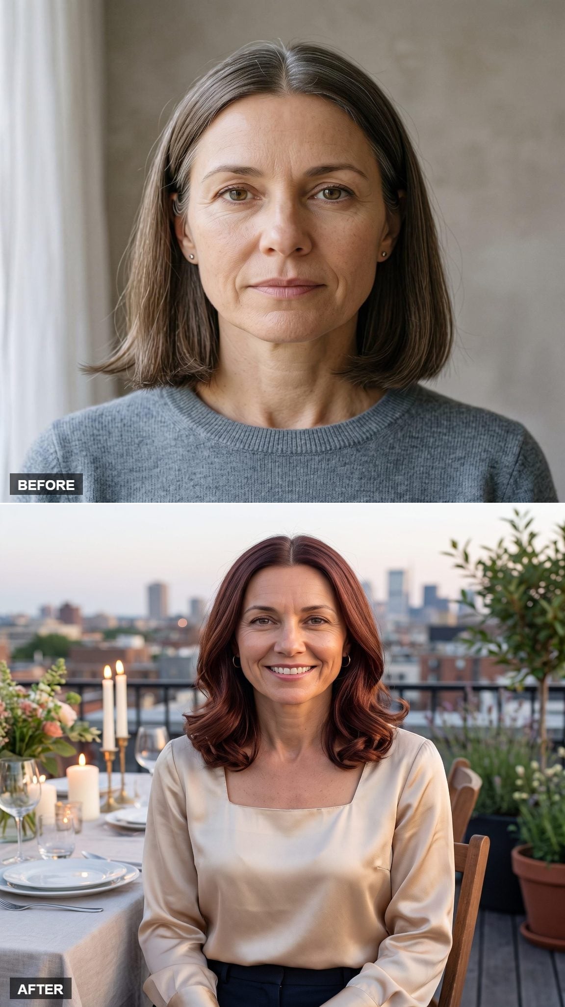 Auburn shoulder-length bob styled in loose waves