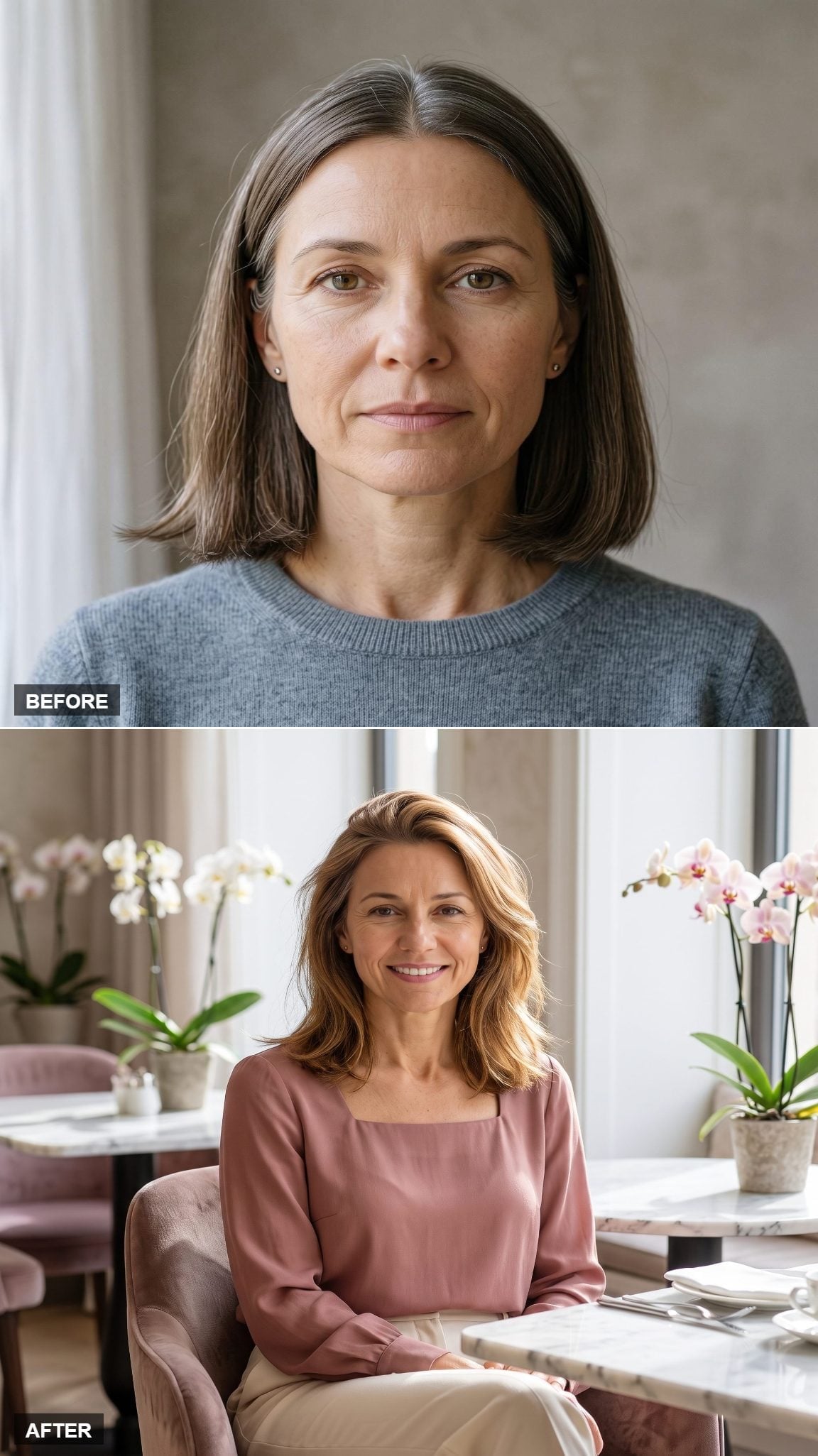 Warm blonde shoulder-length wavy lob with light face-framing layers