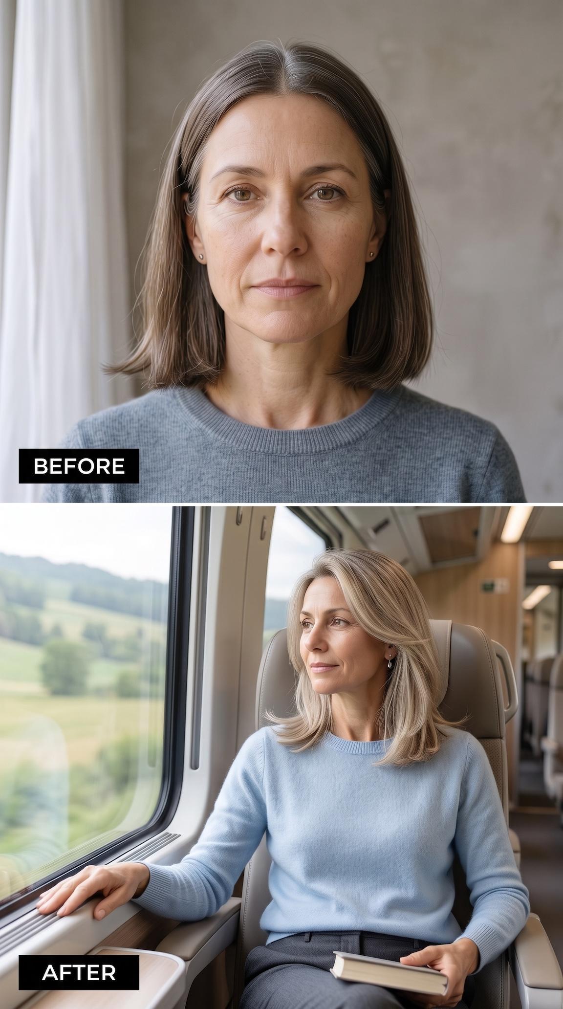 Ash-blonde long bob with side part and softly curved ends