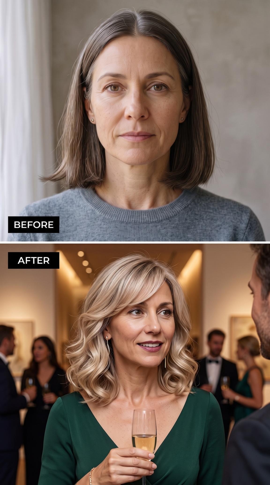 Golden blonde short wavy bob with side-swept fringe