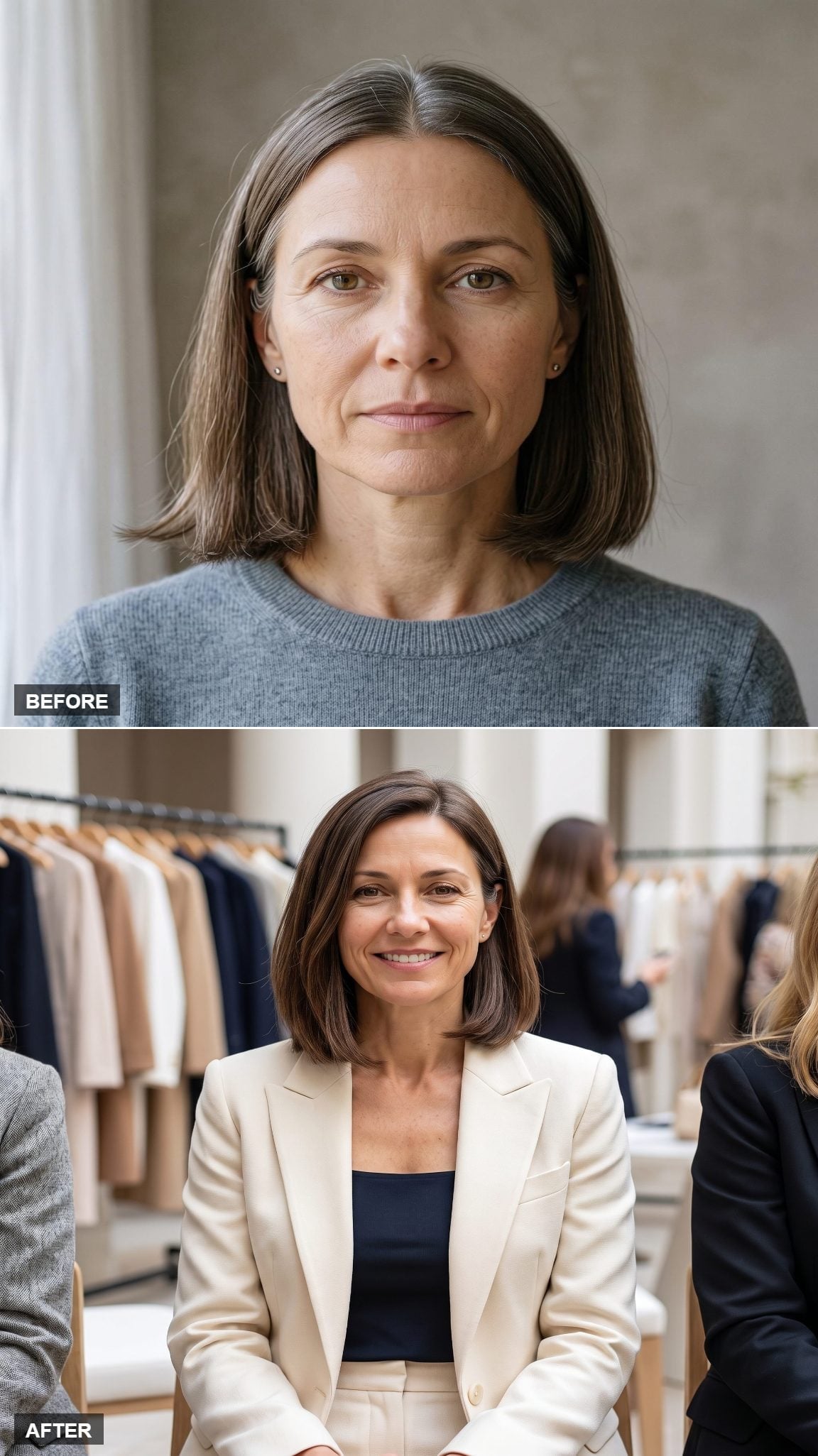 Deep brunette collarbone-length bob with smooth styling and subtle side part
