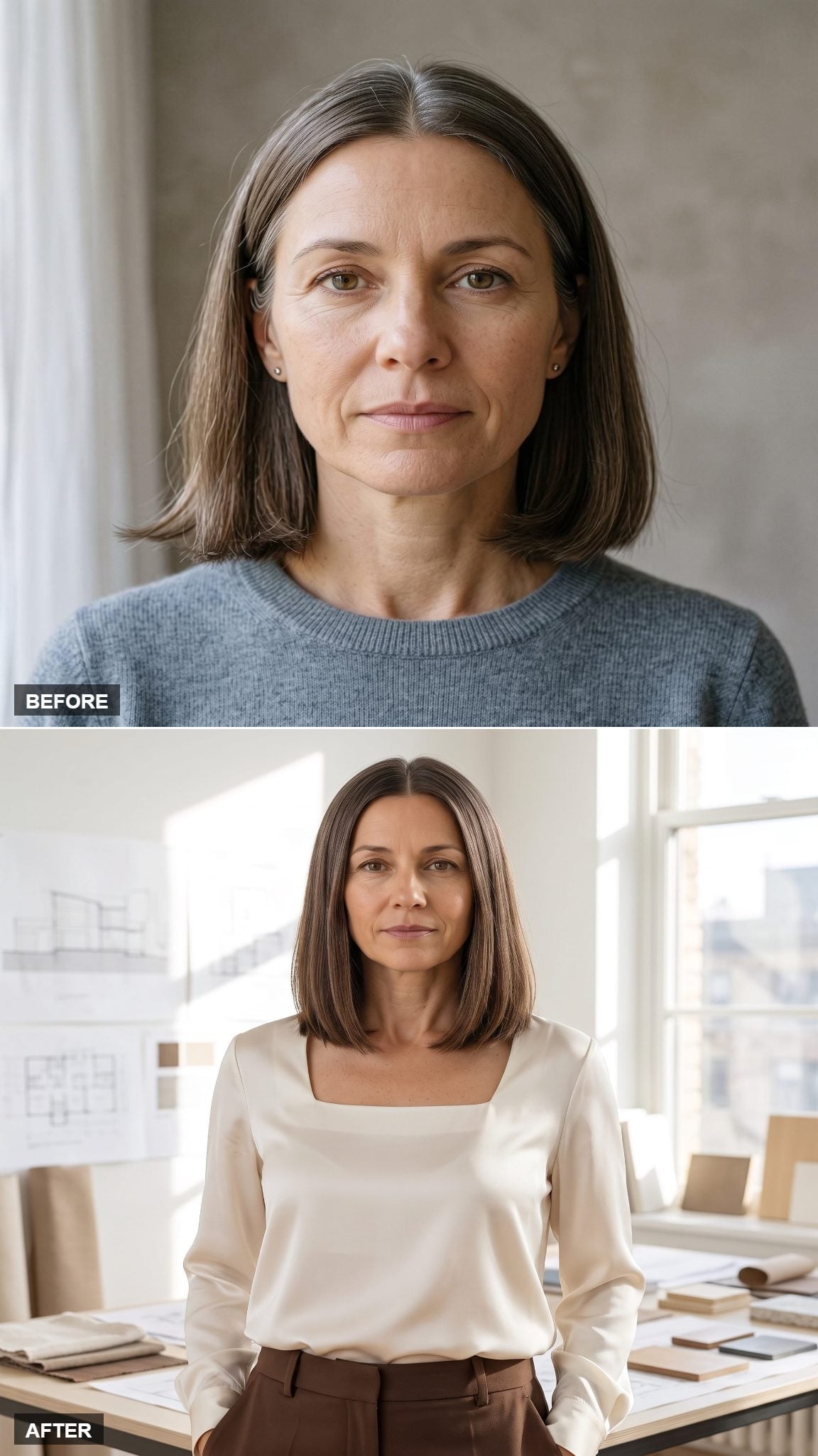 Warm brunette collarbone-length bob with a smooth center part