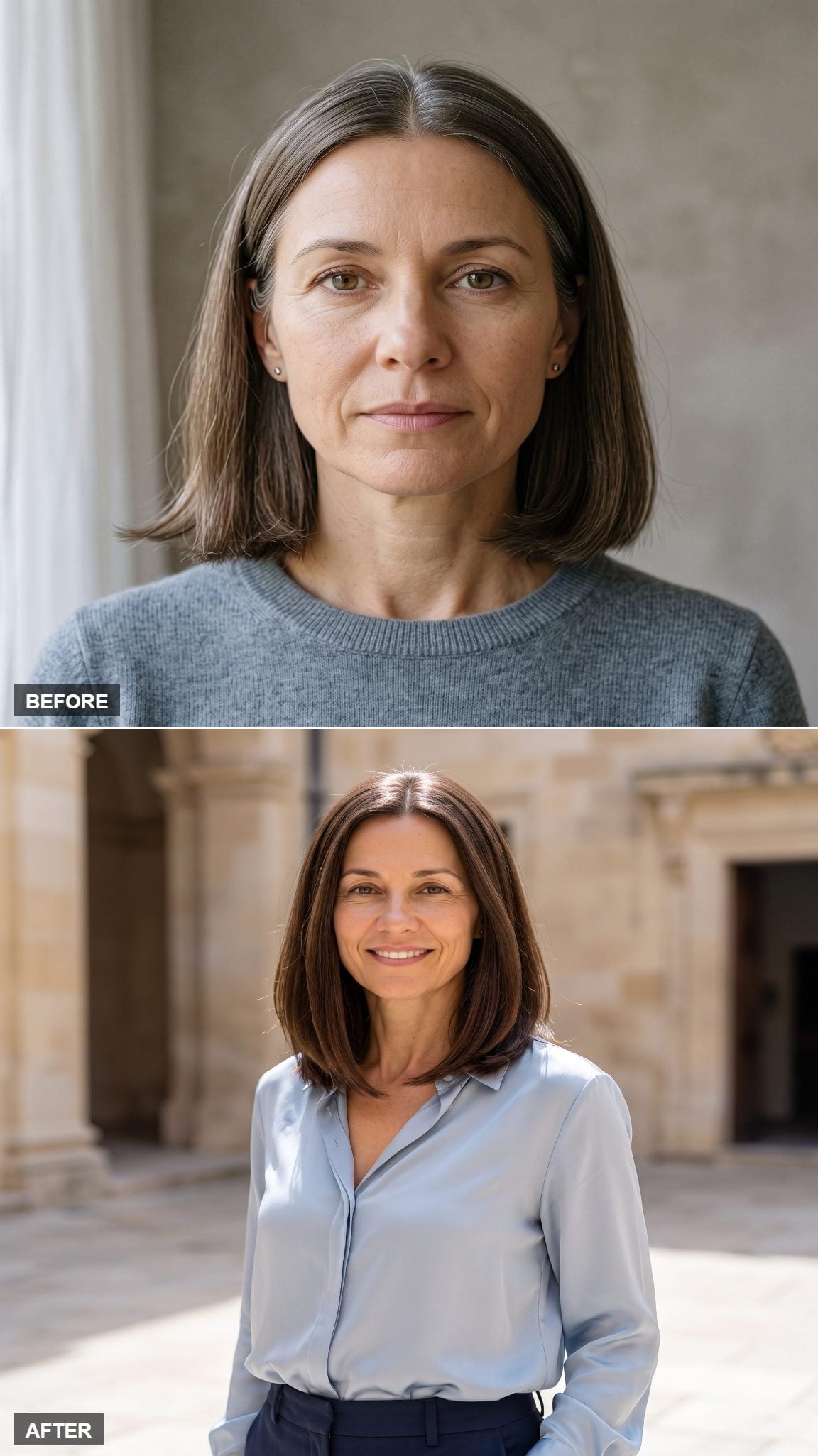 Smooth dark brunette long bob falling toward the collarbone