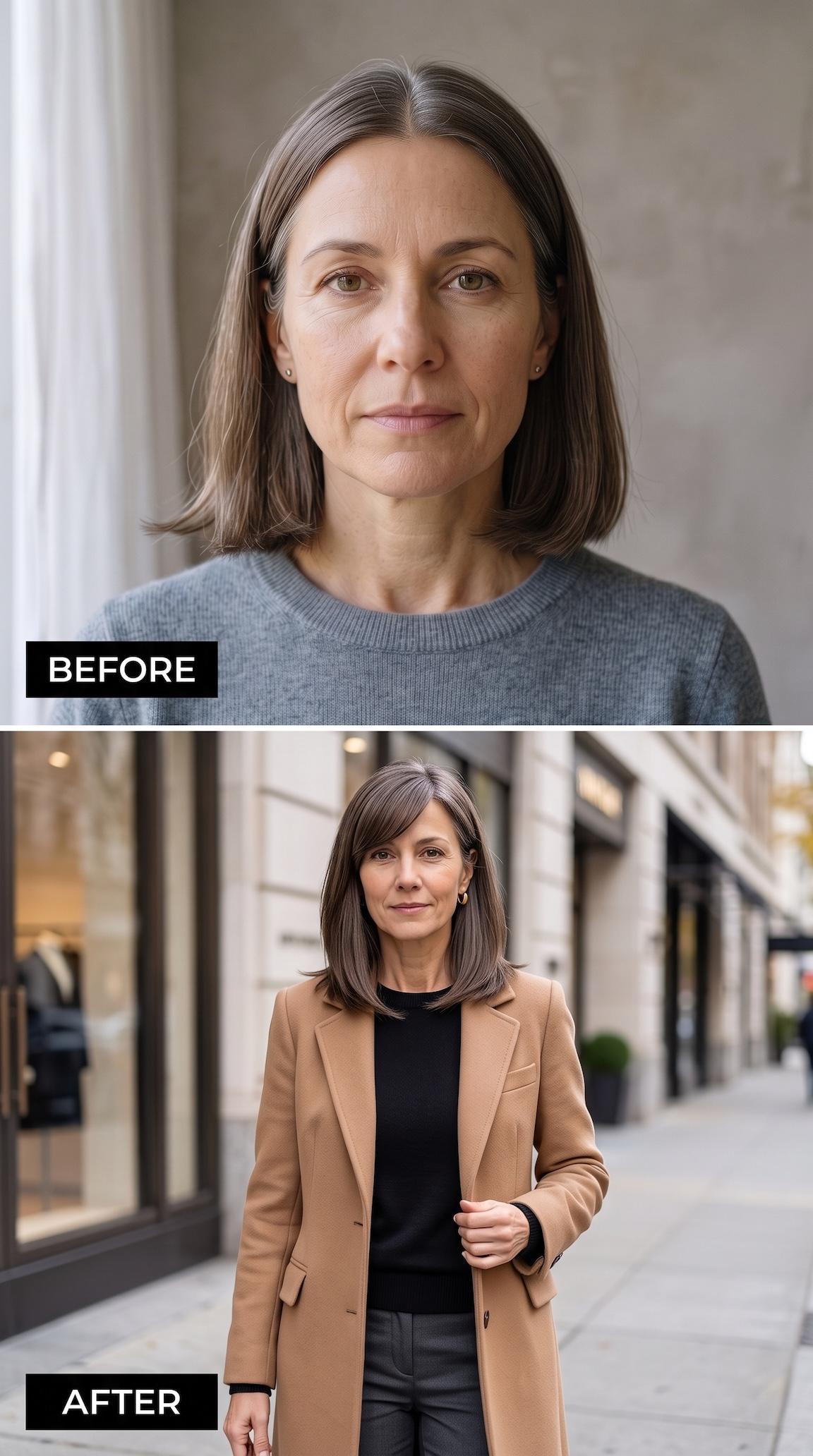 Gray long bob with a soft side part and smooth styling