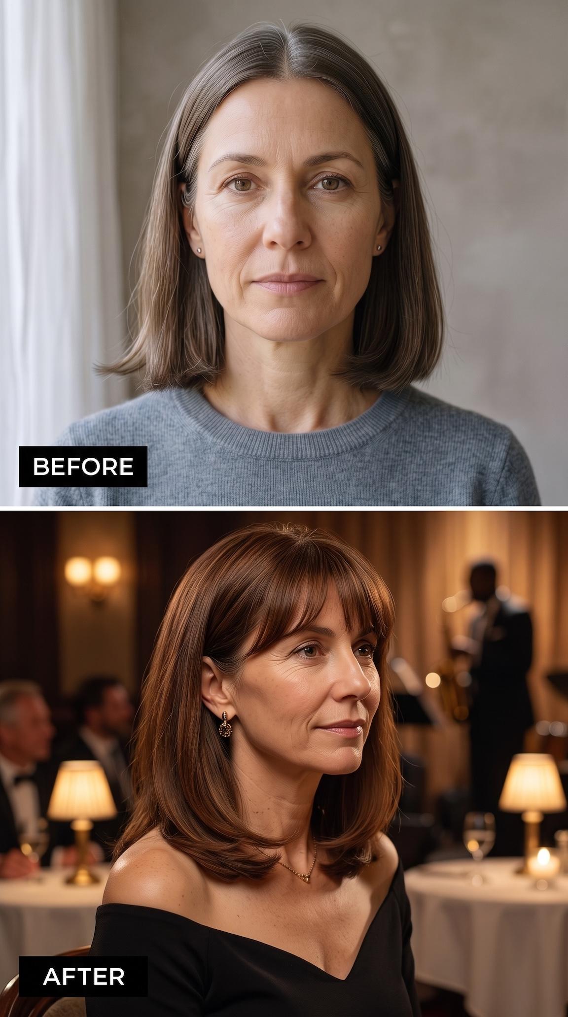 Chestnut shoulder-length bob with full bangs and soft face-framing layers