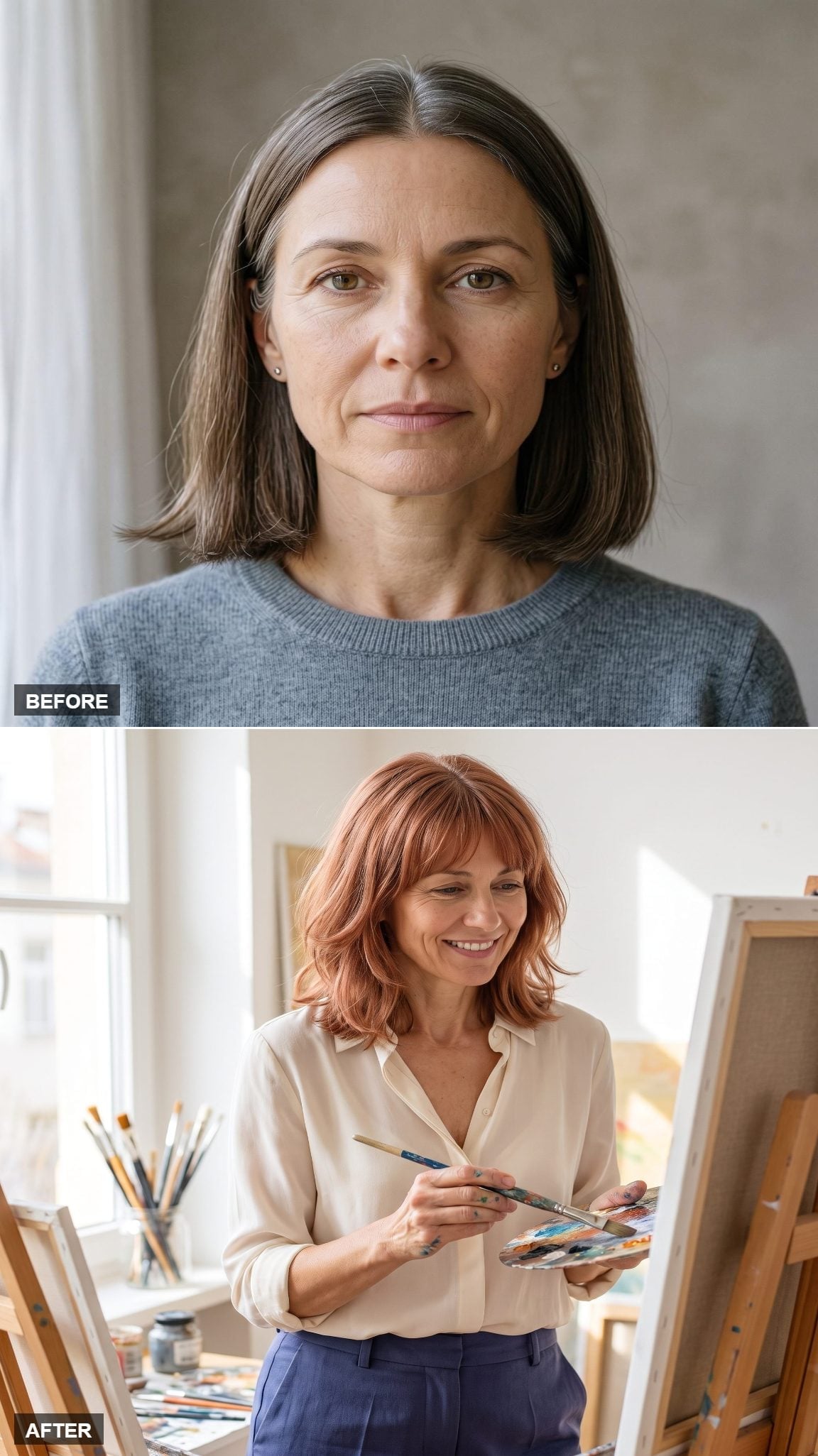 Rosy copper short bob with eyebrow-length fringe and soft waves