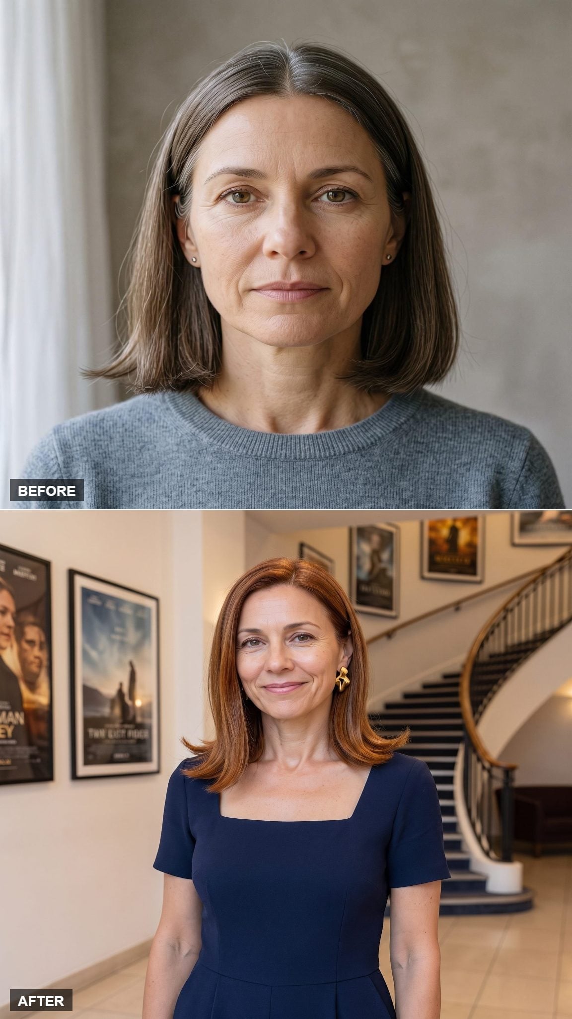 Before-and-after bob transformation from shorter gray-brown hair to longer copper hair with outward-flicked ends