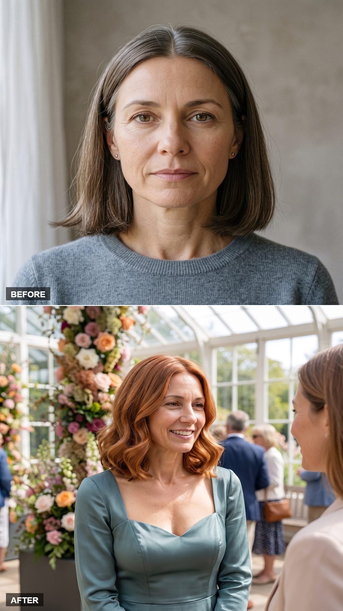 Copper shoulder-length bob styled with soft formal waves