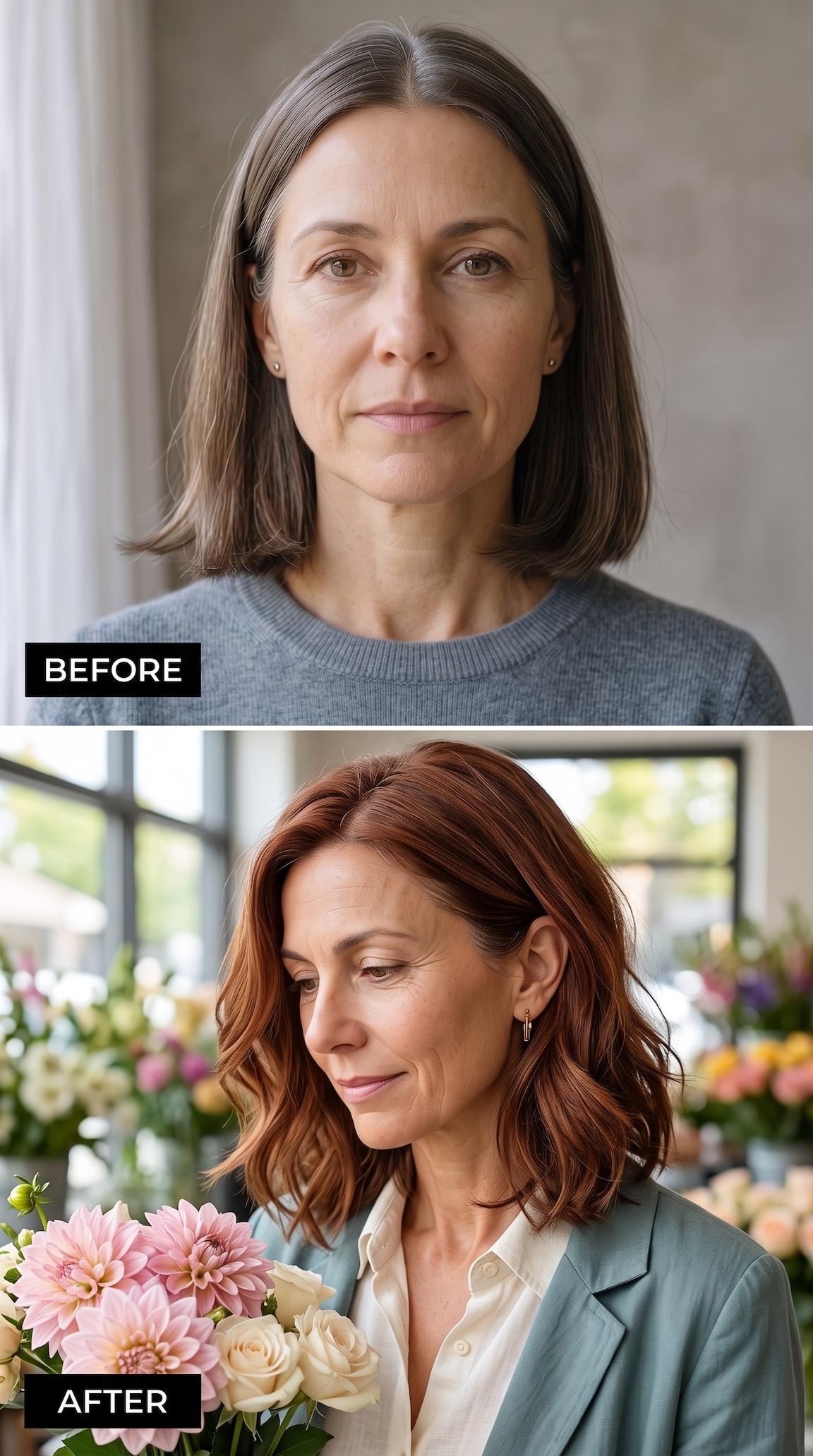 Copper-colored wavy bob styled with a side part and teal blazer