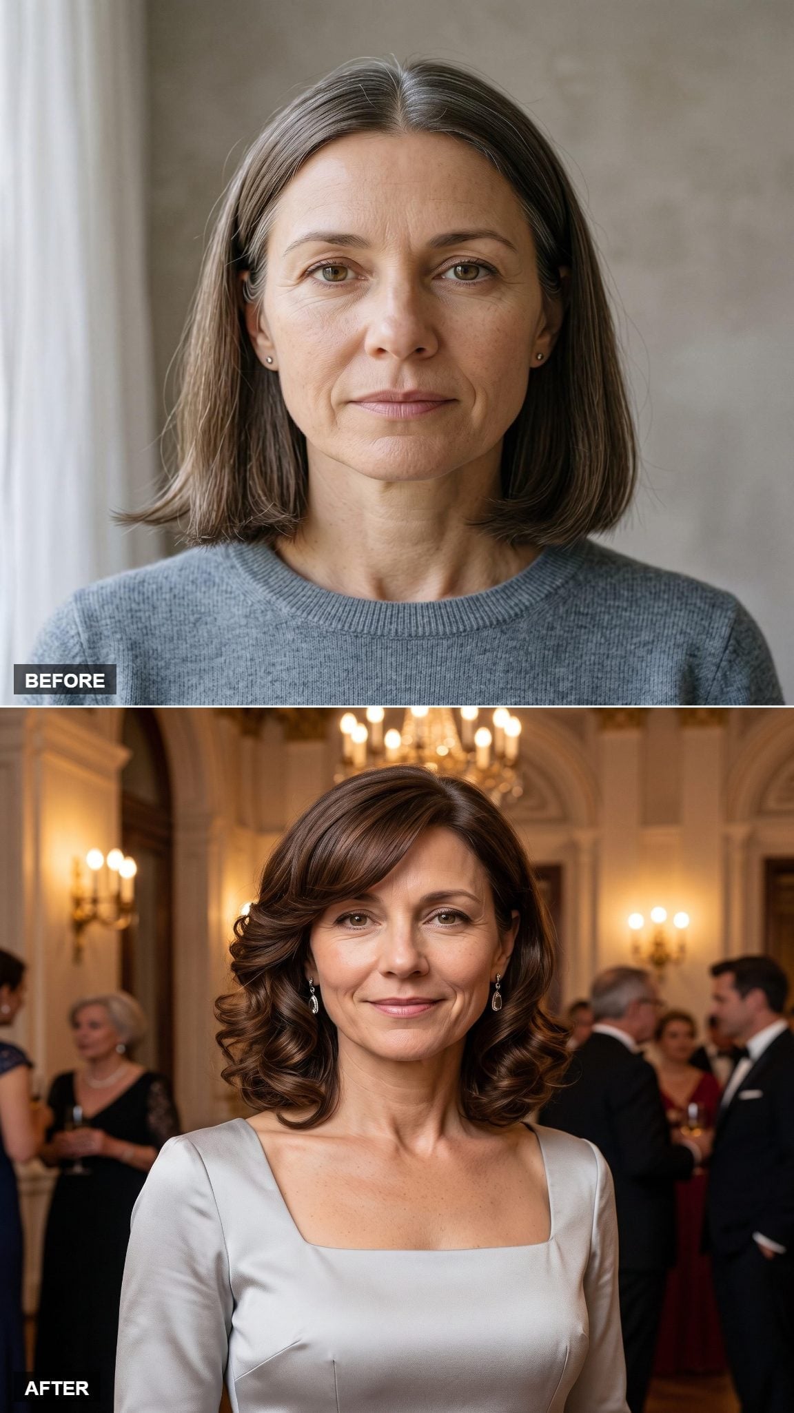 Chocolate-brown curly bob with side-swept volume and soft asymmetrical shape