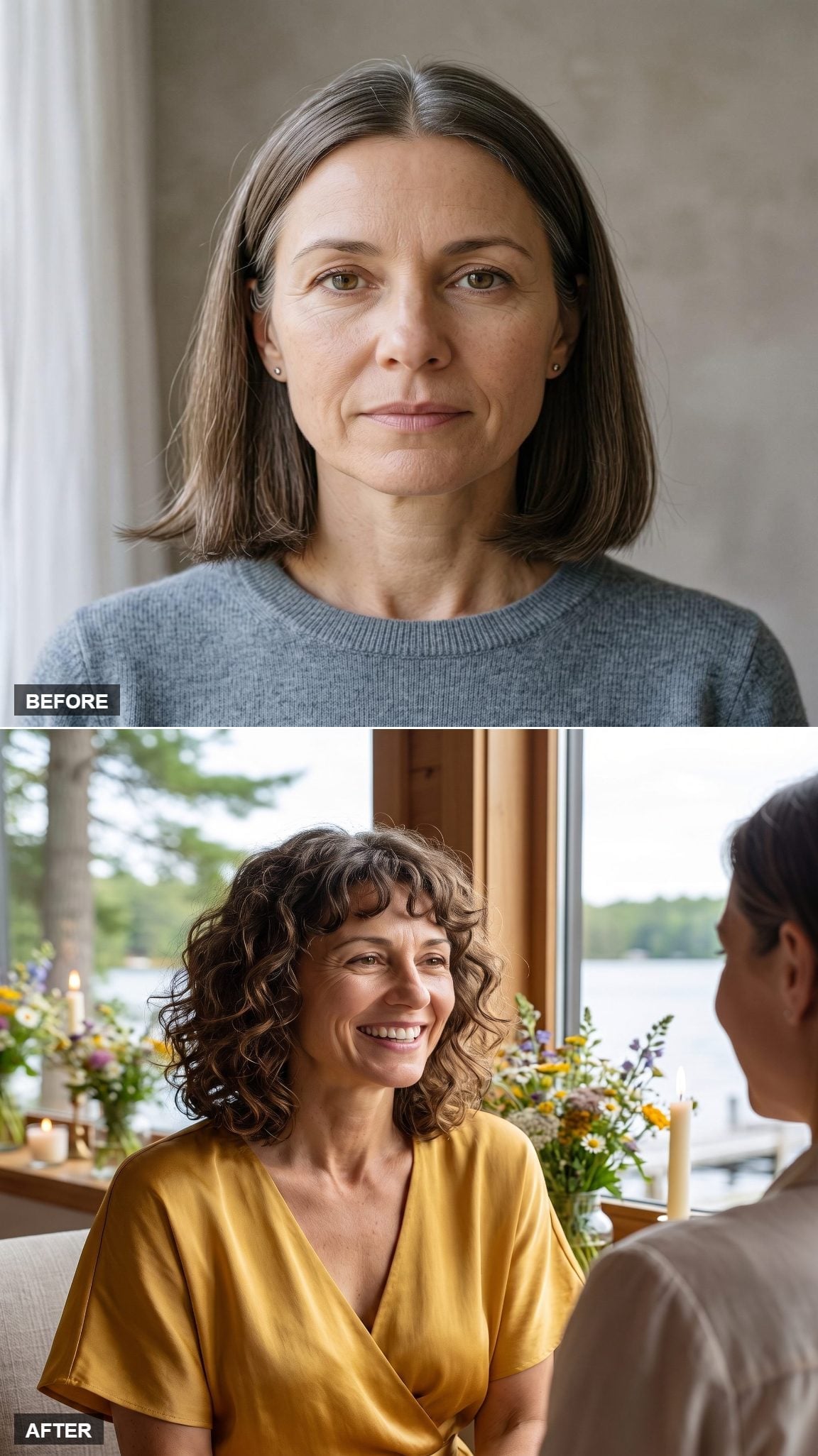 Warm brown shoulder-length curly bob with a fringe near the eyebrows
