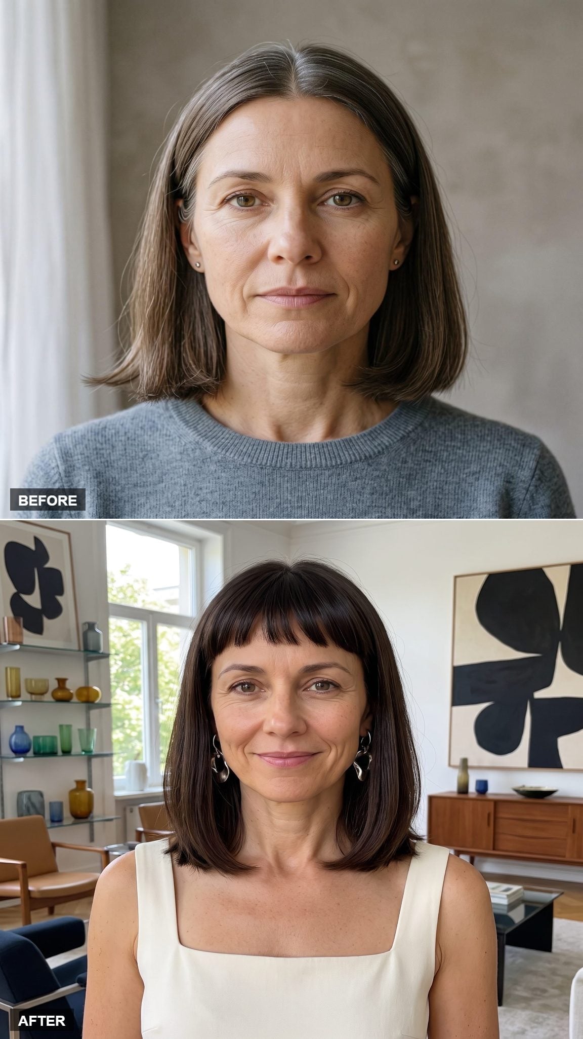 Dark brown bob with blunt bangs and smooth longer sides
